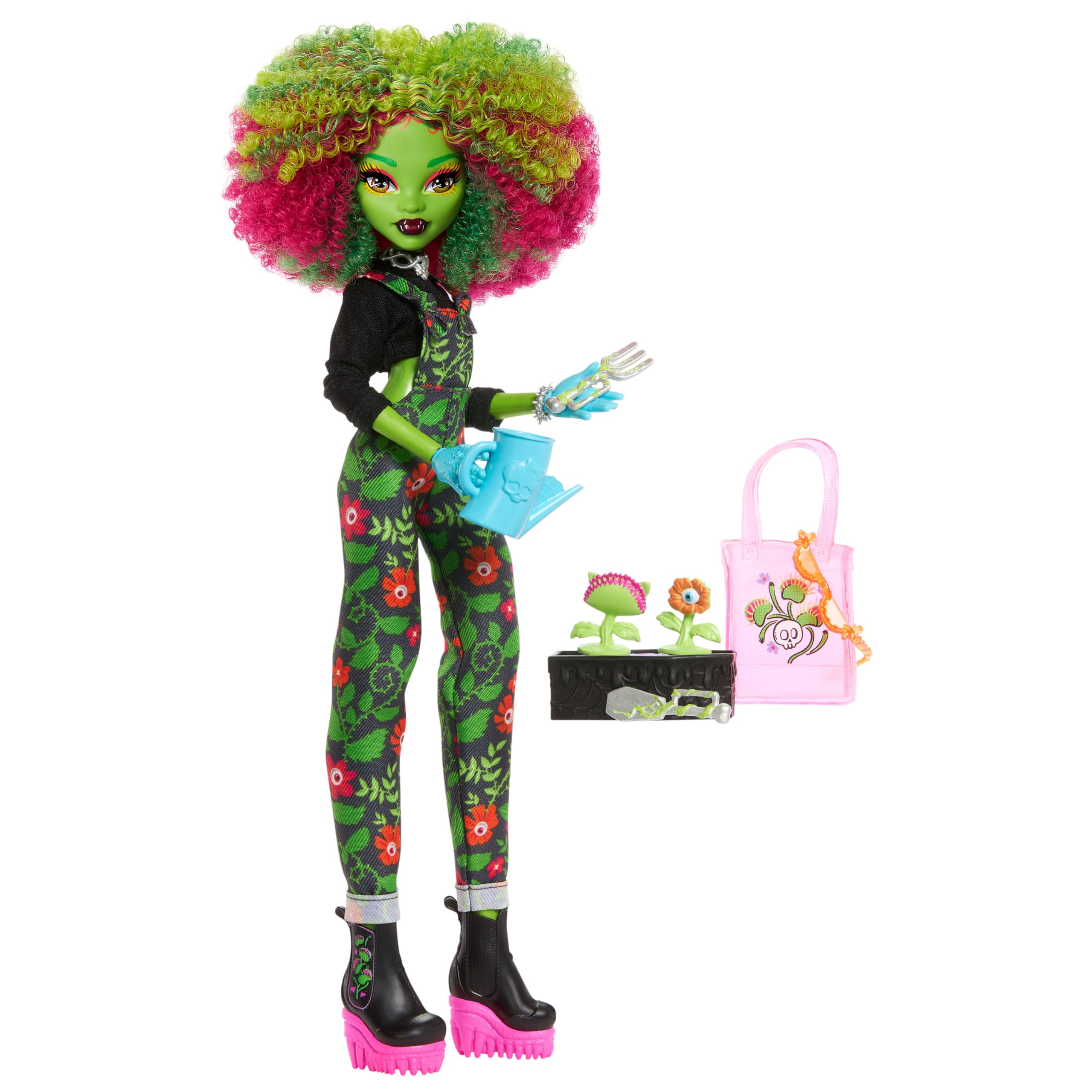 Monster High Diario monstruoso Venus McFlytrap Conjunto de muñeca y accesorios con temática del club de jardinería horripilante con una chaqueta de estilo universitario, JDR59