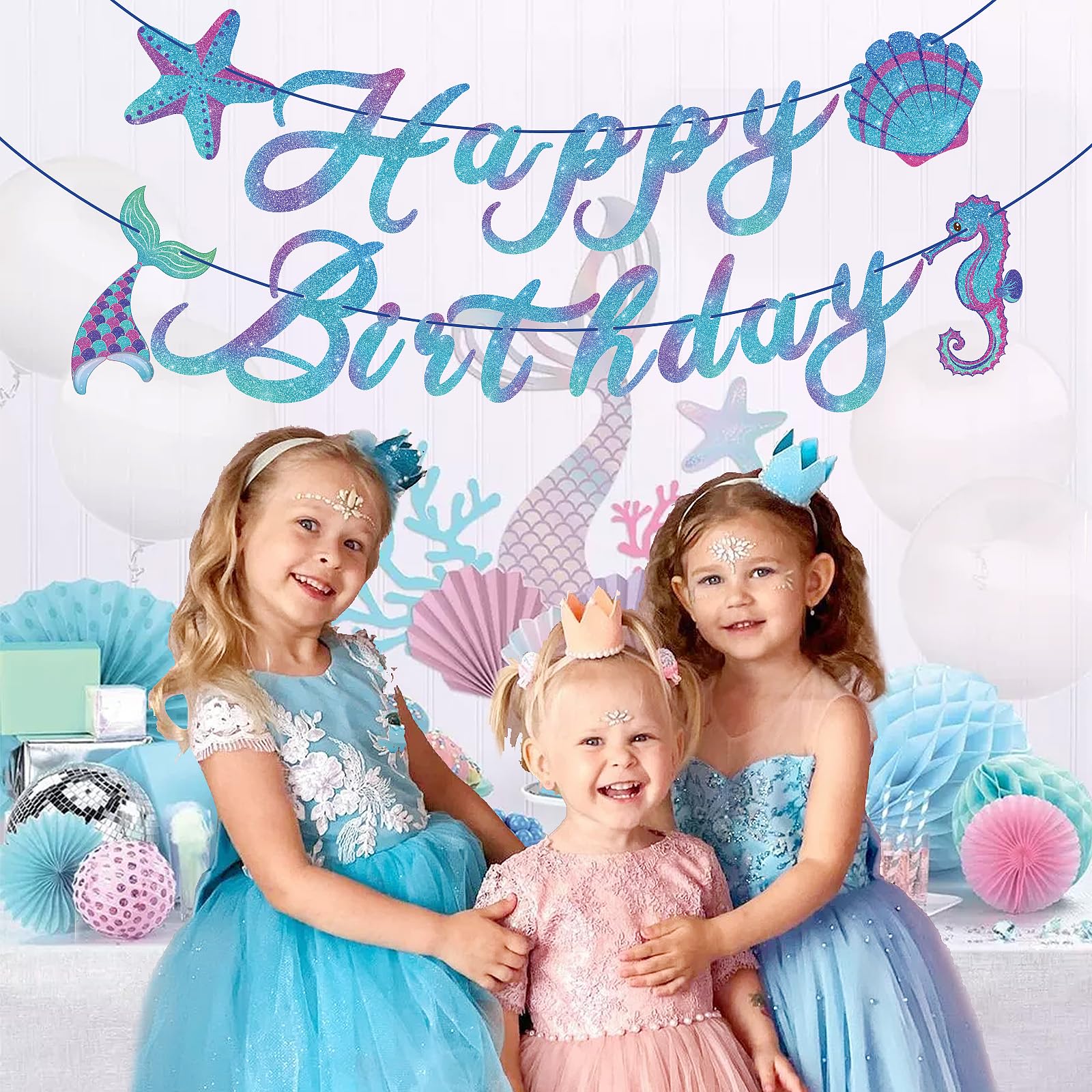 Hooqict Meerjungfrau Geburtstag Dekorationen Meerjungfrau Happy Birthday Banner Girlande Schild für Mädchen Baby 1. 2. 3. Party Banner unter dem Meer Motto Party Supplies hängende Dekorationen