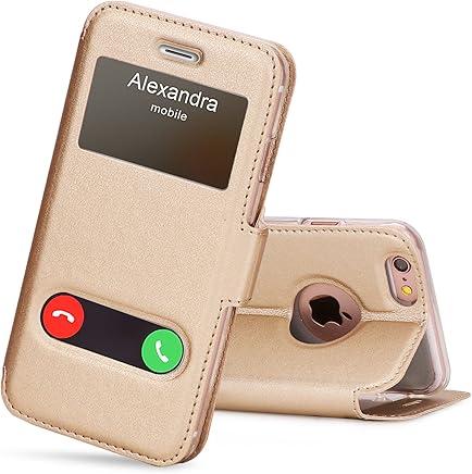 FYY Funda iPhone 6, Funda iPhone 6S, De Soporte Magnetico en la Parte Cubierta y Funcion de Ventana con Vista a Pantalla Superior para Apple iPhone 6/6S Dorado