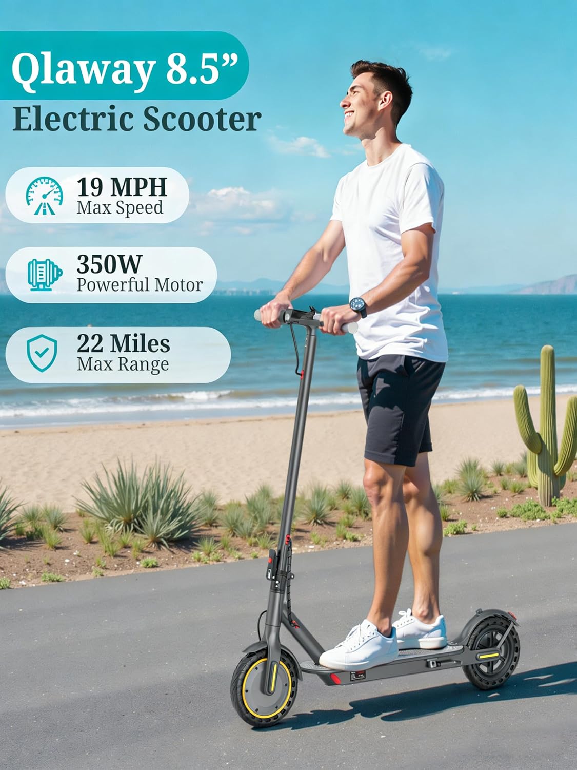 Qlaway Electric Scooter for Adults, 350W/500W Motor, 16-22 Miles Range, 8.5"/10" Solid Tires, Dual Braking & Suspension, Folding Portable Commuting E-Scooter with App