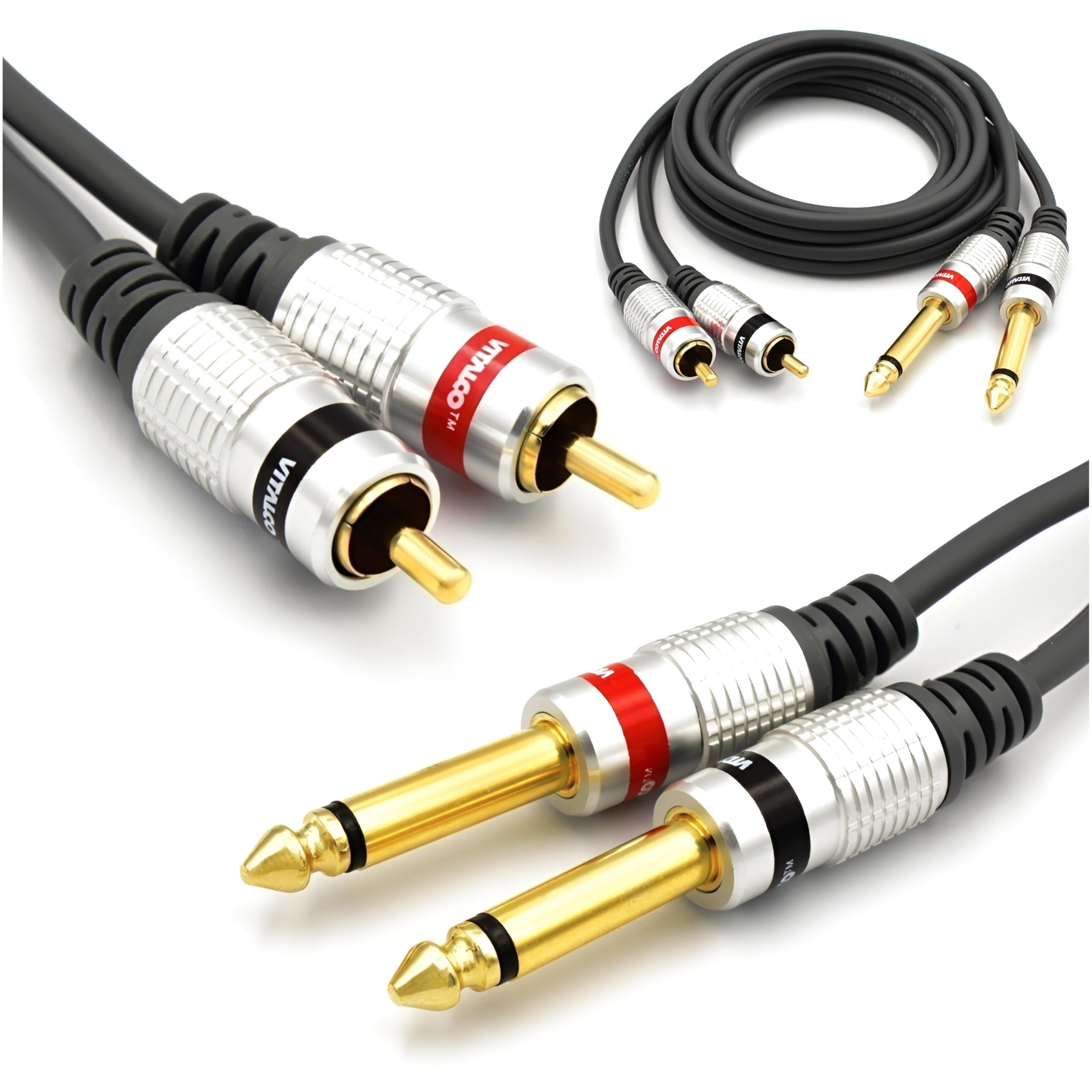 Cable 2RCA Male To 2x Jack 6.35mm 1/4 Inch Mono 1.5m Audio TS 6.35 to 2 RCA Phono OFC Cables