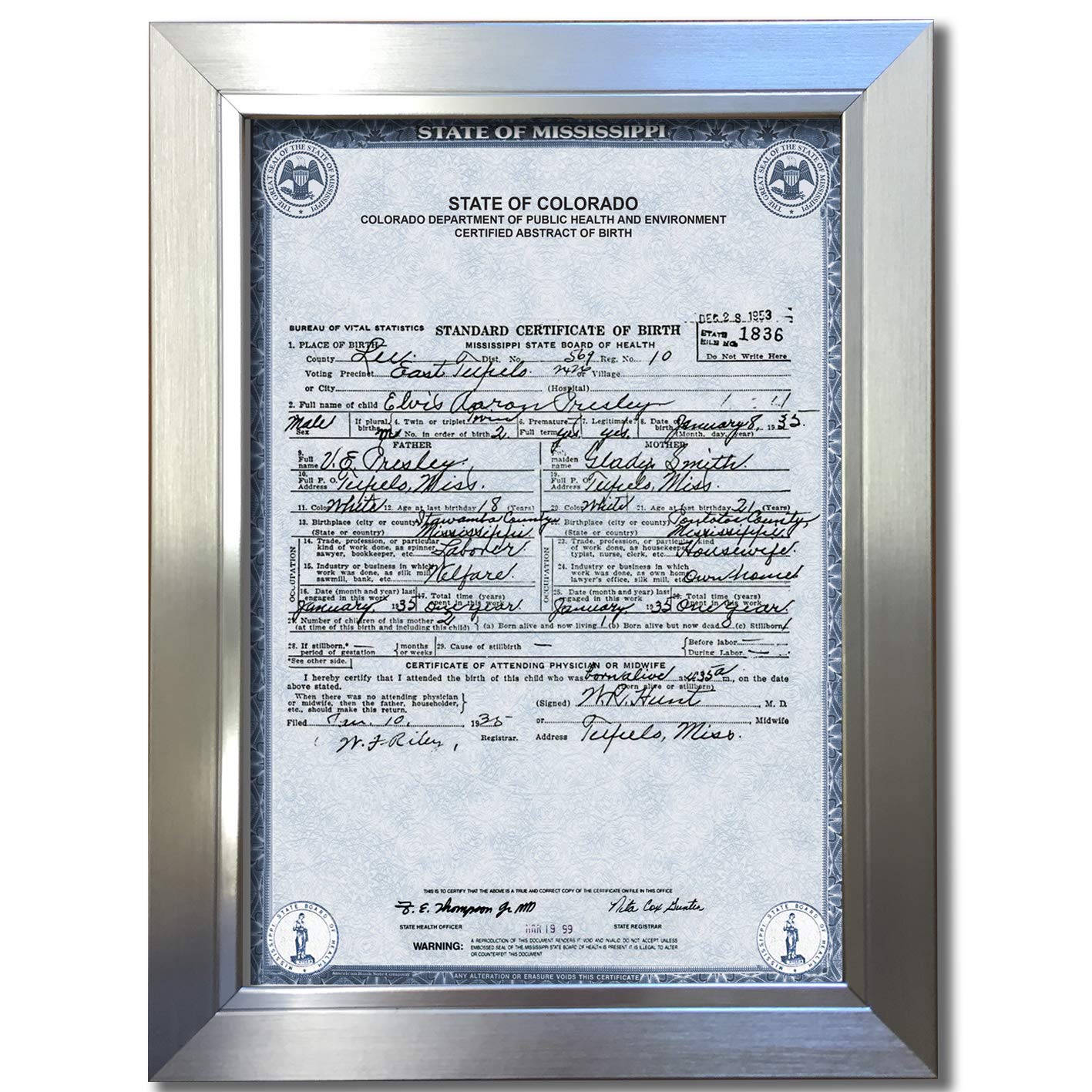 U've Been Framed Black,Gold,Silver #811 Elvis Presley Birth Certificate Signed Autograph Reproduction Print A4 Rare Perfect Birthday (297 X 210Mm) (Silver Frame)