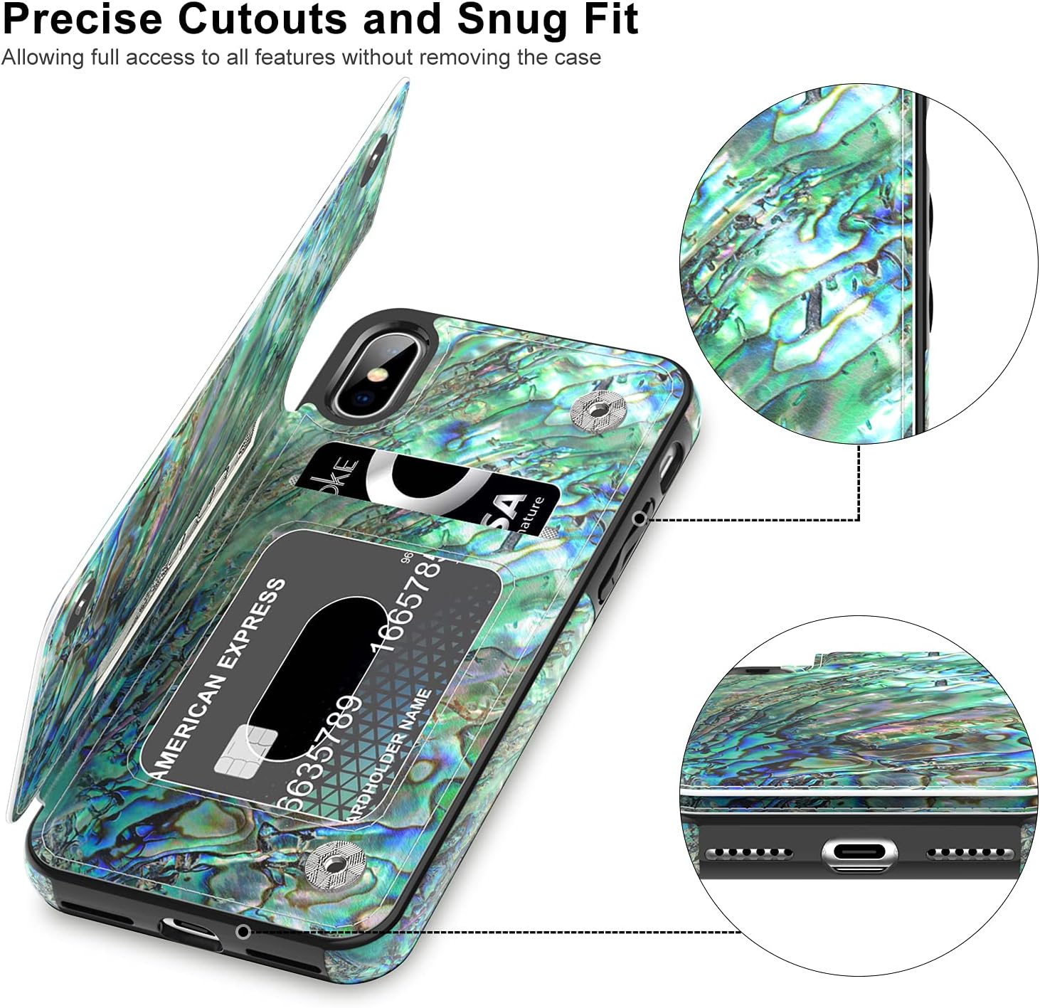 LETO iPhone X Case,iPhone Xs Case,Leather Wallet Case with Fashionable Flower Designs for Girls Women,Flip Folio Cover Kickstand Card Slots,Protective Phone Case for iPhone X/Xs Green Oyster Shell