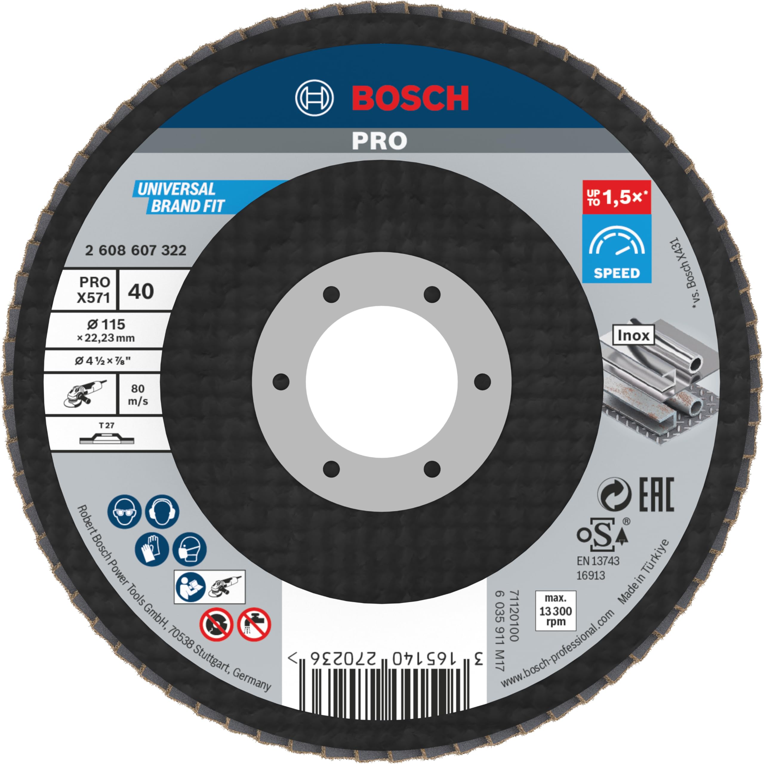 Bosch Black/Brown 1X Pro Metal X571 Flap Disc Straight Version Fiber For Small Angle Grinders (For Steel, Stainless Steel, Ø 115 Mm, Grit 40, Professional Accessory Small Angle Grinder)