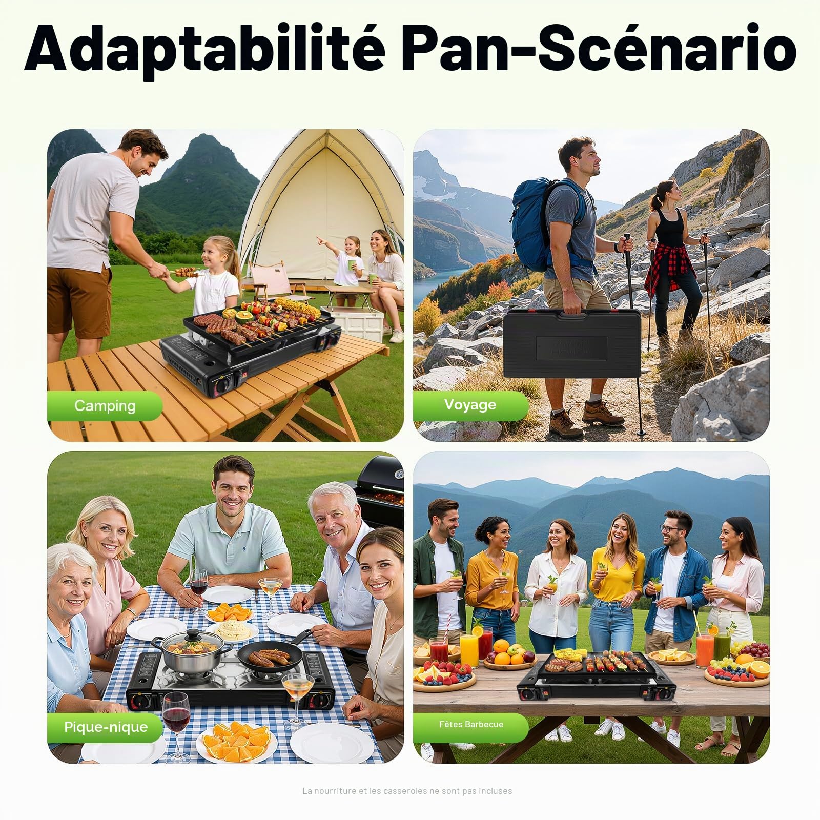 Réchaud à gaz 2 brûleurs, 2 en 1, 2500 W, barbecue à gaz de camping avec une poêle spacieuse et deux boutons de commande (Réchaud de camping avec moule à gâteau et compartiment pour cartouches de gaz)