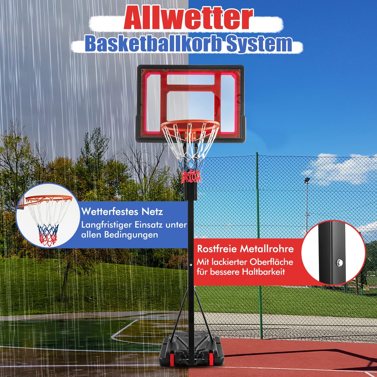 COSTWAY Basketballständer 105-260 cm höhenverstellbar, Basketballkorb Outdoor mit Ständer & 2 Rädern, Korbanlage mit Gewichtssack, Mobile Basketballanlage für Kinder, Jugendliche