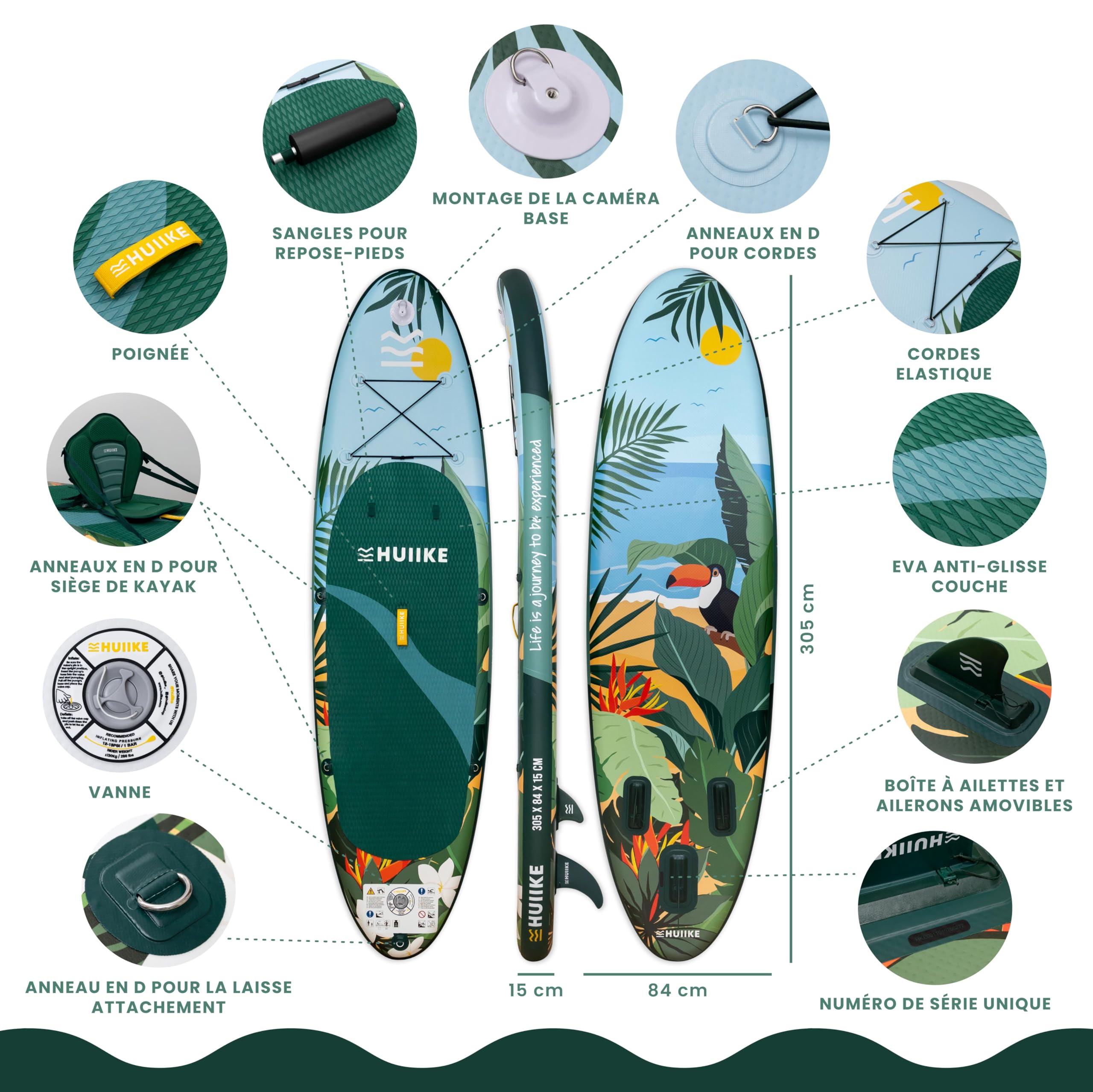 HUIIKE Paddle Gonflable Adulte avec Accessoires Inclus, Pagaie, Ailerons, Pompe. Planche de Stand Up Paddle Grande Stabilité et Résistance. 305 x 84 x 15 cm, Jusqu'à 130 kg
