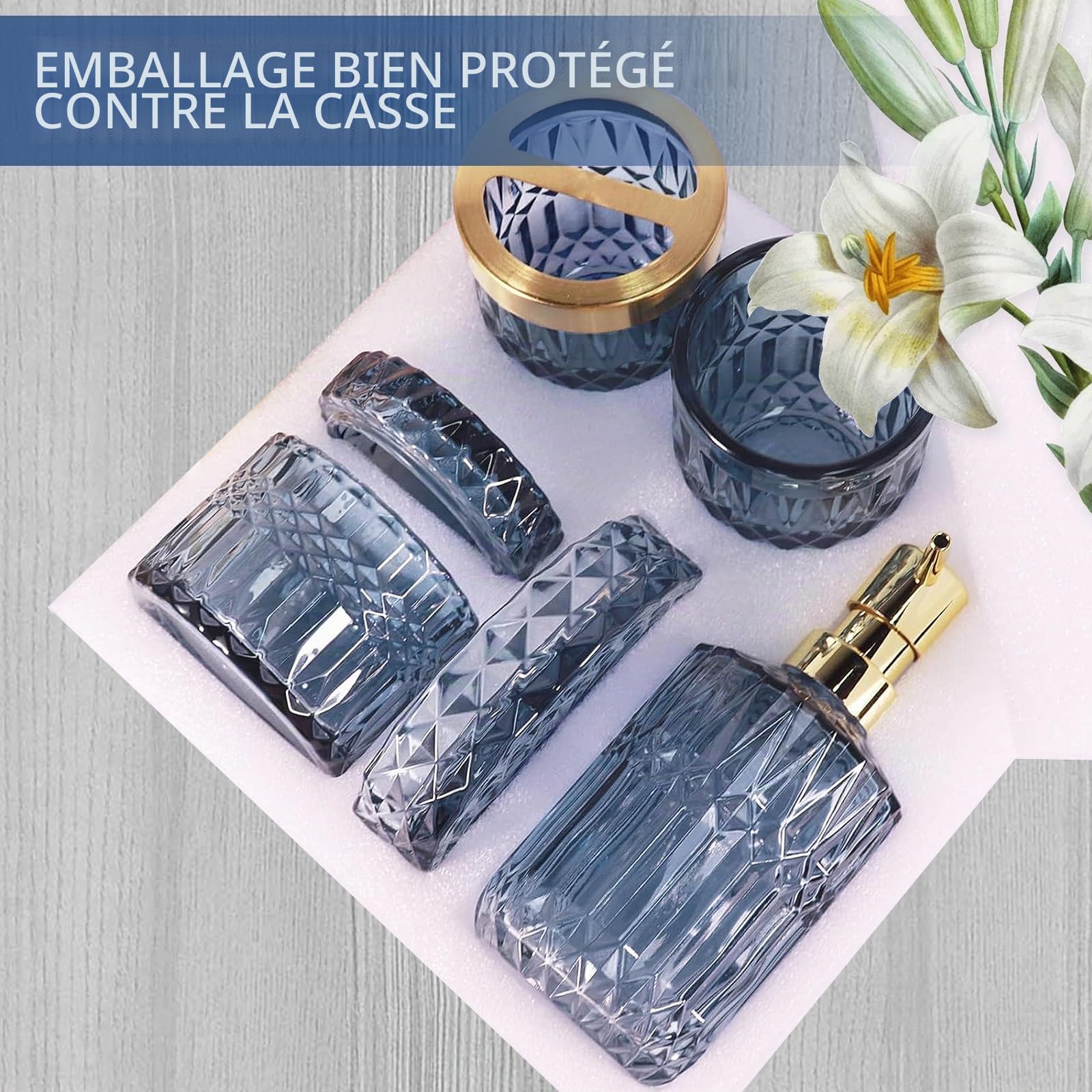 Lot de 5 Accessoires Salle de Bain en Verre - Decoration Salle de Bain avec Distributeur Savon, Porte Brosse à Dents,Tasse en Verre, Pot à Cotons-tiges et Porte-Savon, Gobelet, Cadeau de Luxe, Bleu