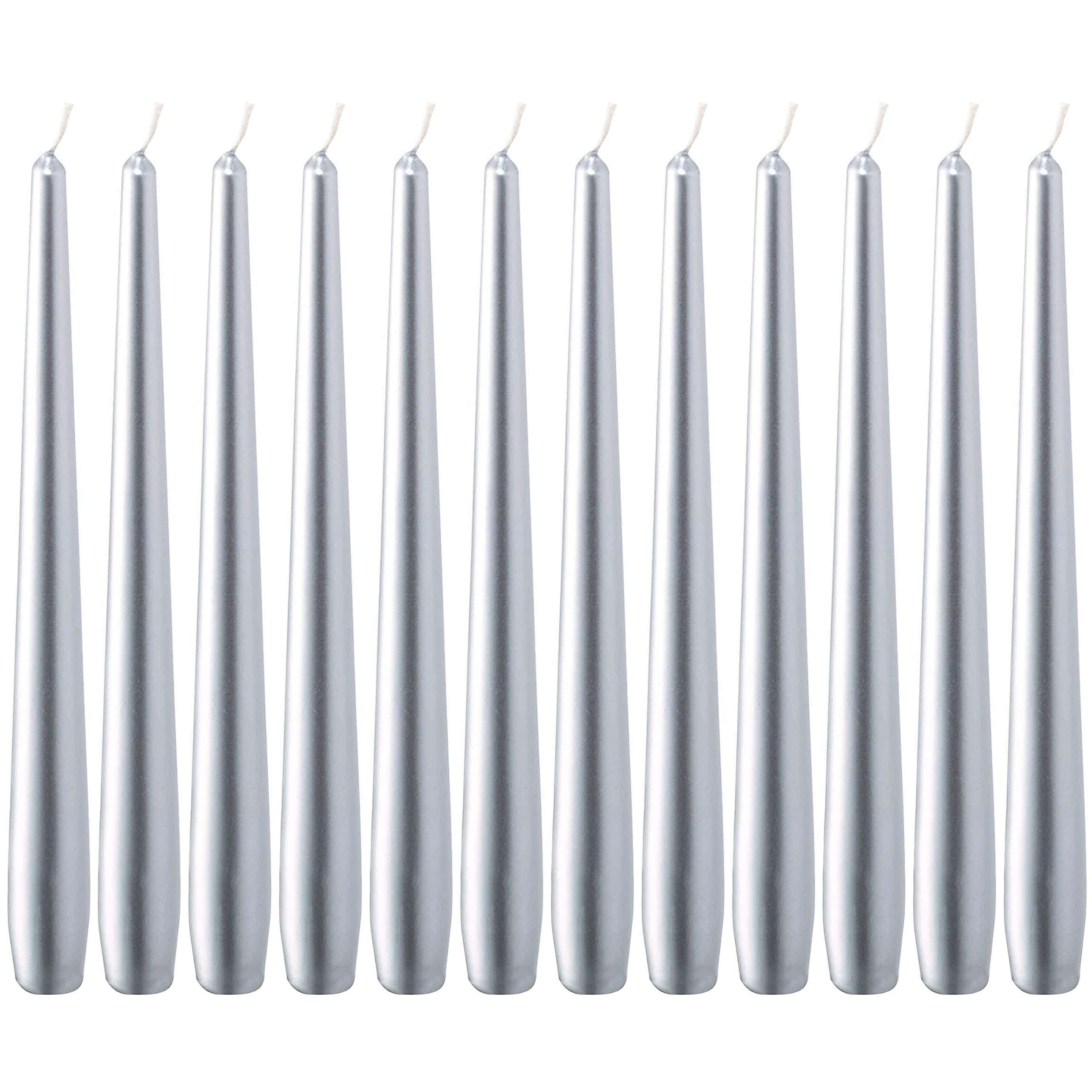 bolsius metallic silver taper candles - 12 pack individually wrapped 10 inch dinner candle set - 8 burn hours - premium european quality - unscented smokeless & dripless household party candlesticks