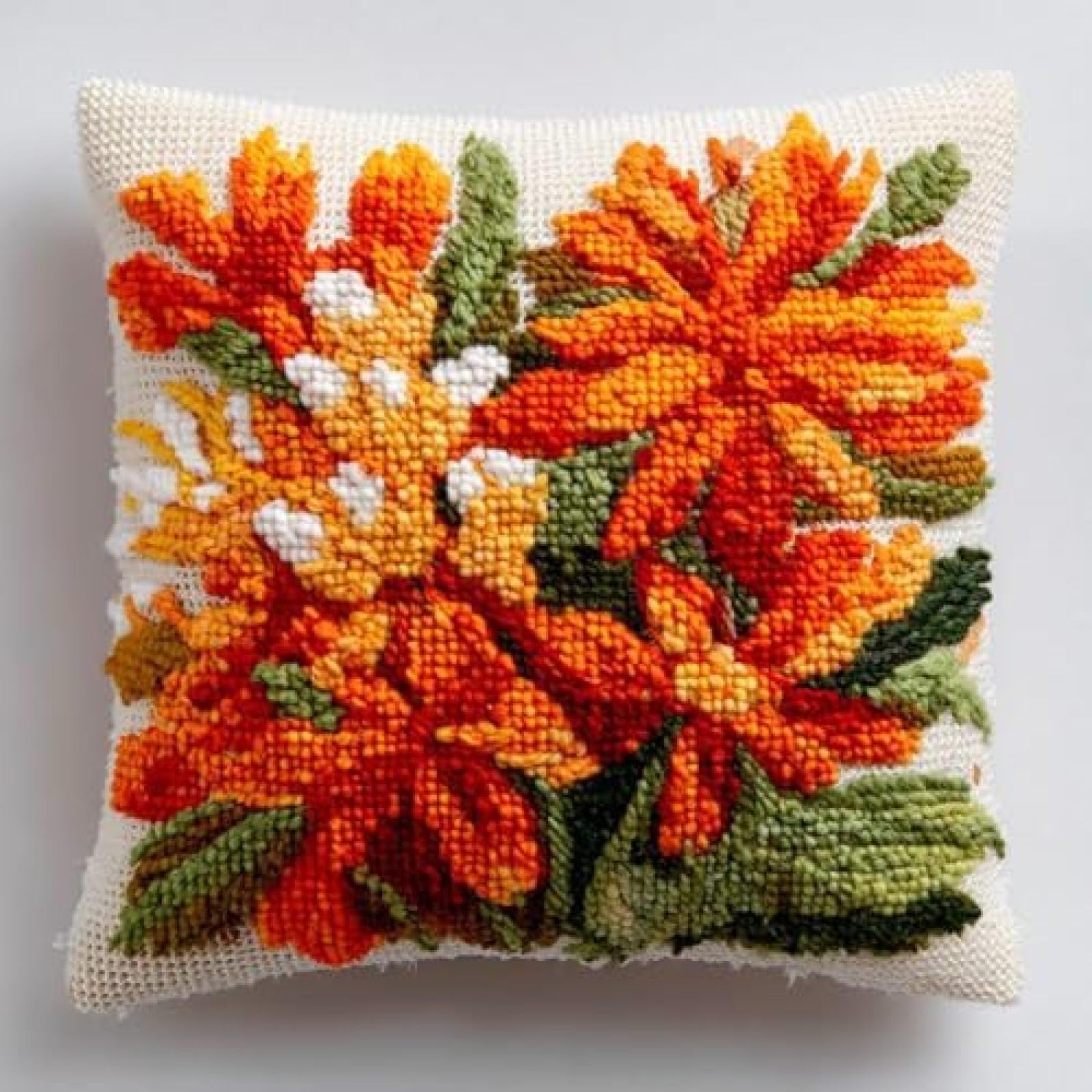 kitphoenix DIY Latch Hook Cushion Kit Orange Jessamine Flowers,Beginner-Friendly Rug Hooking Pillow Kit,Crochet Craft Cushion Cover for Home Decor,43x43 cm-2