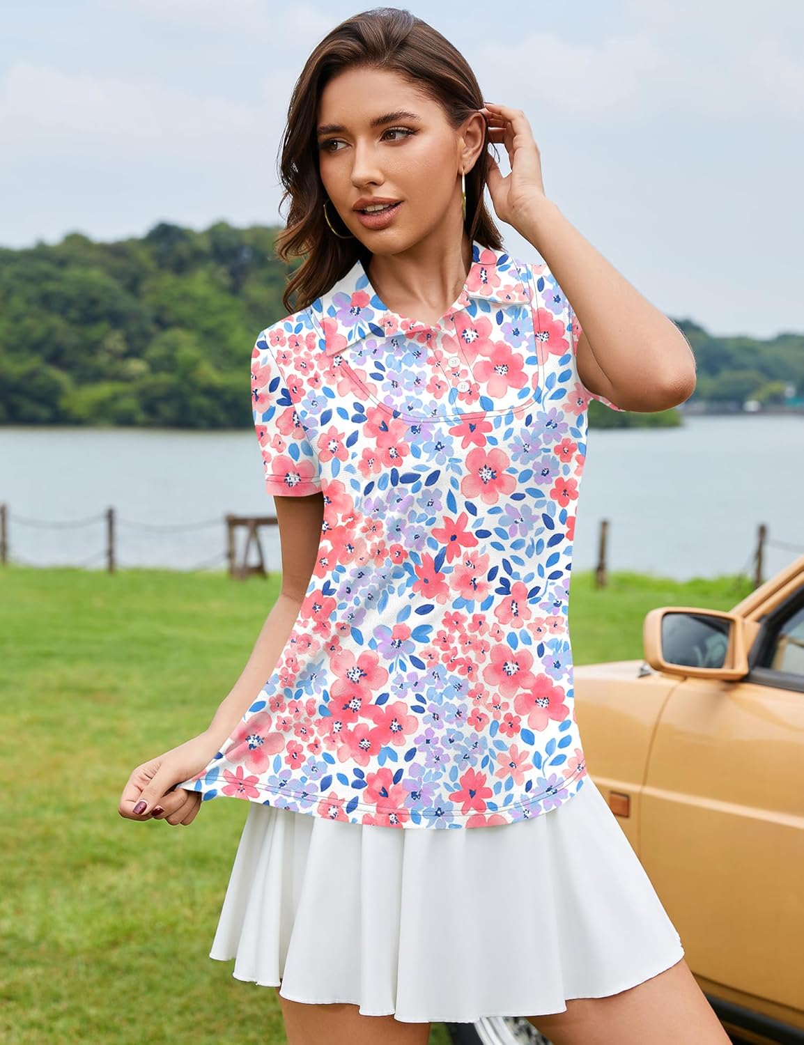 Rapbin Womens Short Sleeve Polo Shirts Business Casual Collared V Neck Tops Summer Cotton 4 Buttons Polos Tshirts - Image 4