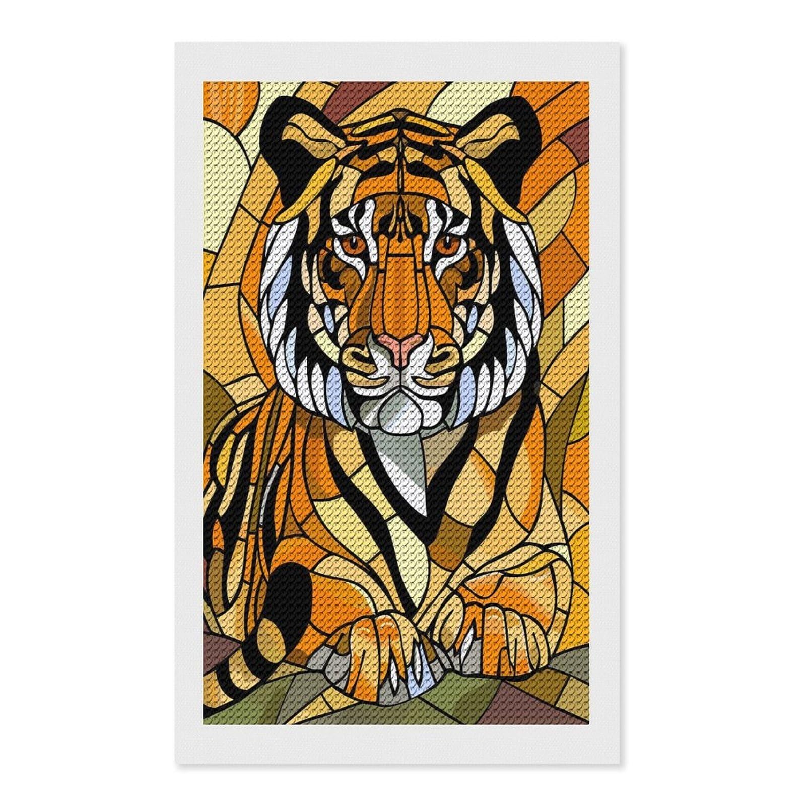Junmoney Stained Glass Tiger Portrait DIY Diamond Art Canvas Kit 12"x20", Farmhouse Decor, Vintage Style Decor, Handmade Wall Decor, Canvas Picture