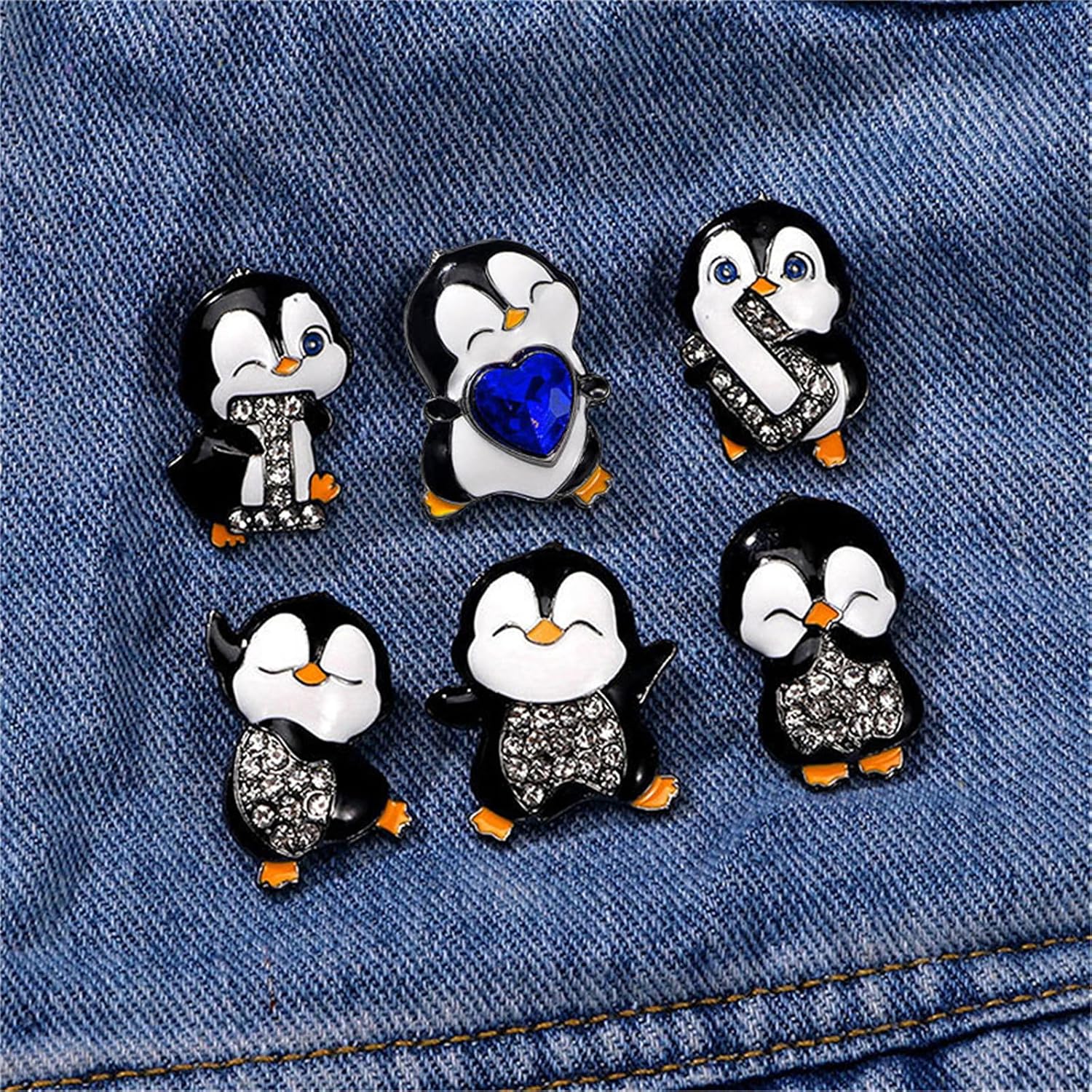 Dreuyet 6 Pcs Cute Penguin Lapel Brooch Pin Rhinestone Crystal I Love U Penguin Brooch Enamel Cartoon Animal Pins Badge Backpacks Jackets Hats Dress Sweater Brooches Fashion Christmas Jewelry image 3