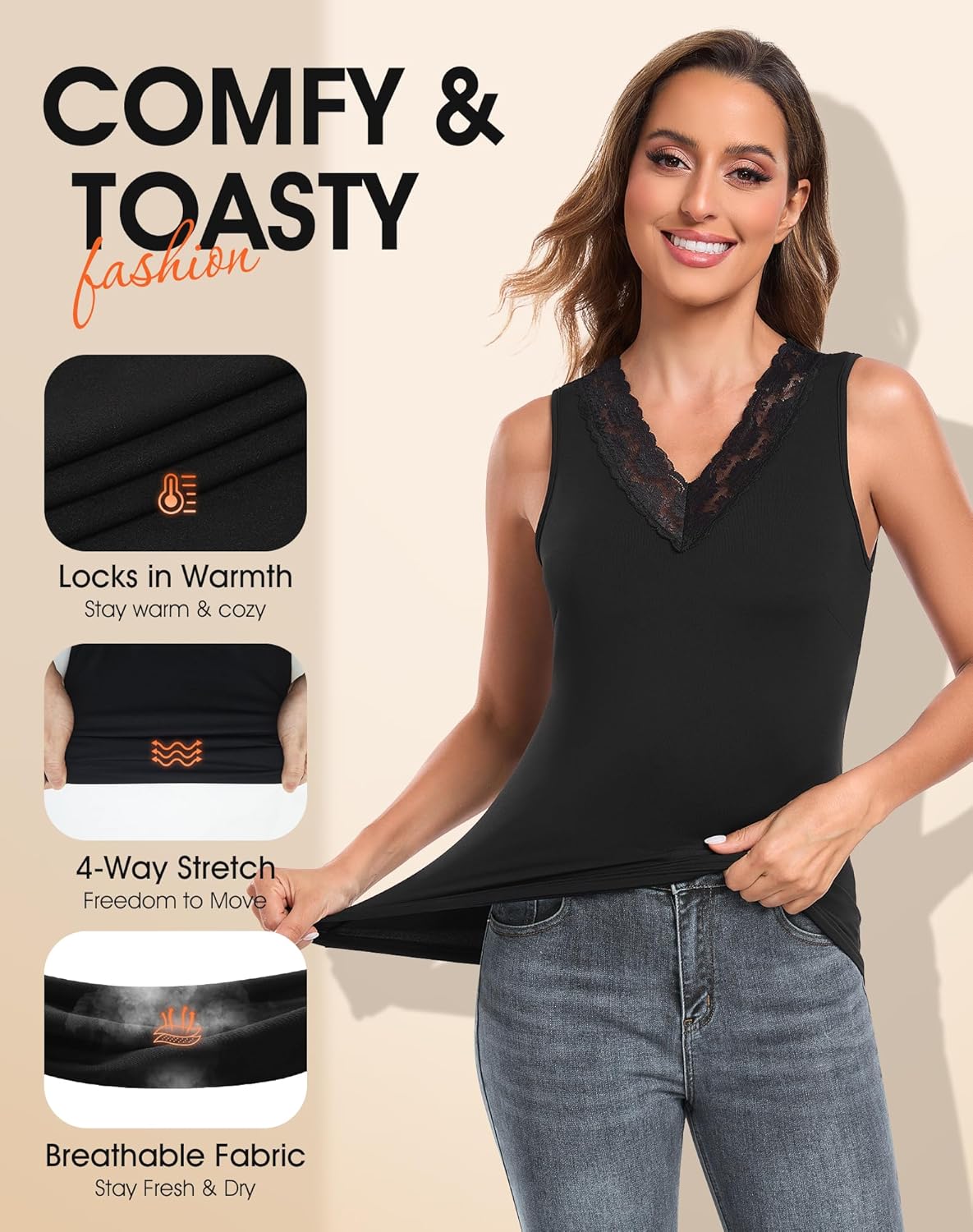 Thermal Tank Top for Women Lace V Neck Fleece Lined Base Layer Sleeveless Undershirts Thermal Underwear Vest for Cold