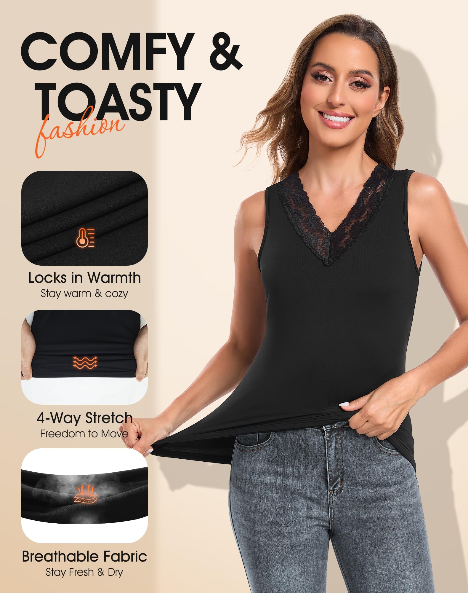 MOSCOAL Thermal Tank Top for Women Lace V Neck Fleece Lined Base Layer Sleeveless Undershirts Thermal Underwear Vest for Winter Black Small