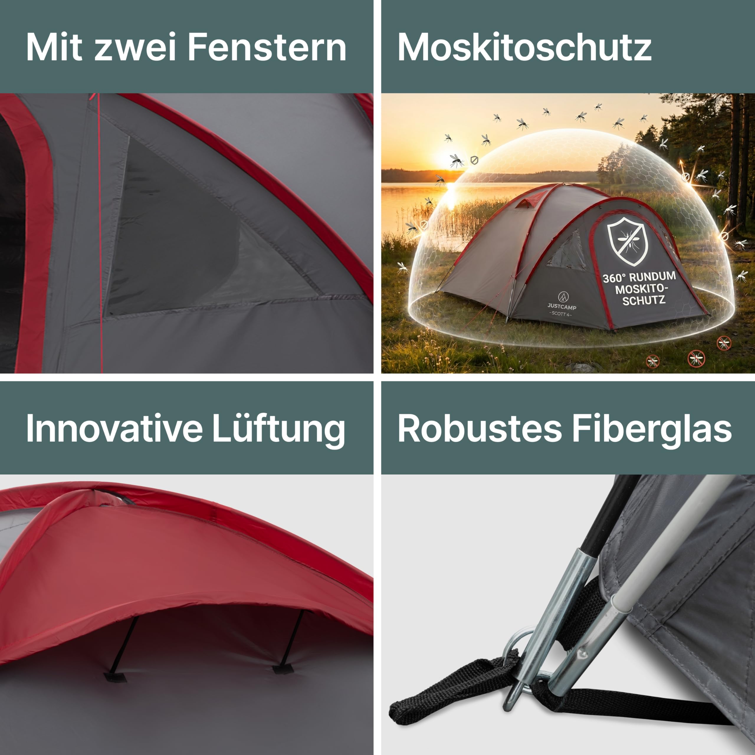 JUSTCAMP Scott Campingzelt für 4 Personen, leicht, stabil, wasserdicht - Kuppelzelt (doppelwandig) mit verschließbarem Vorraum - Iglu-Zelt mit Lüftungshutzen und Moskitonetz an der Schlafkabine