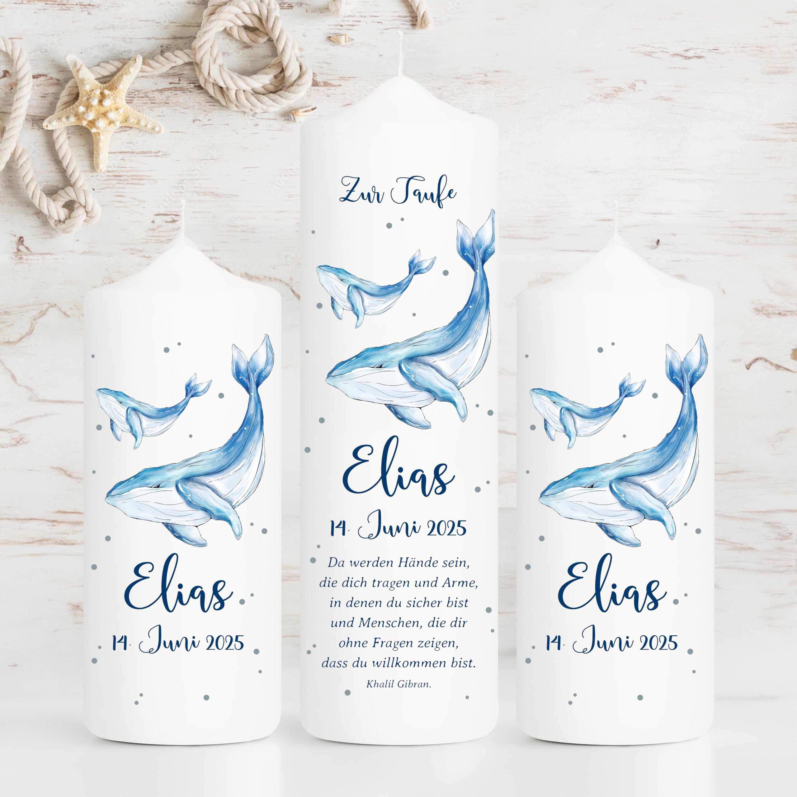 Wandtattoo Loft Taufkerze Junge mit Taufspruch + 2 Patenkerzen, Motiv Blauer Wal 25 x 7 cm, personalisierte Kerze, bedruckte Kerze zur Taufe, Taufgeschenk