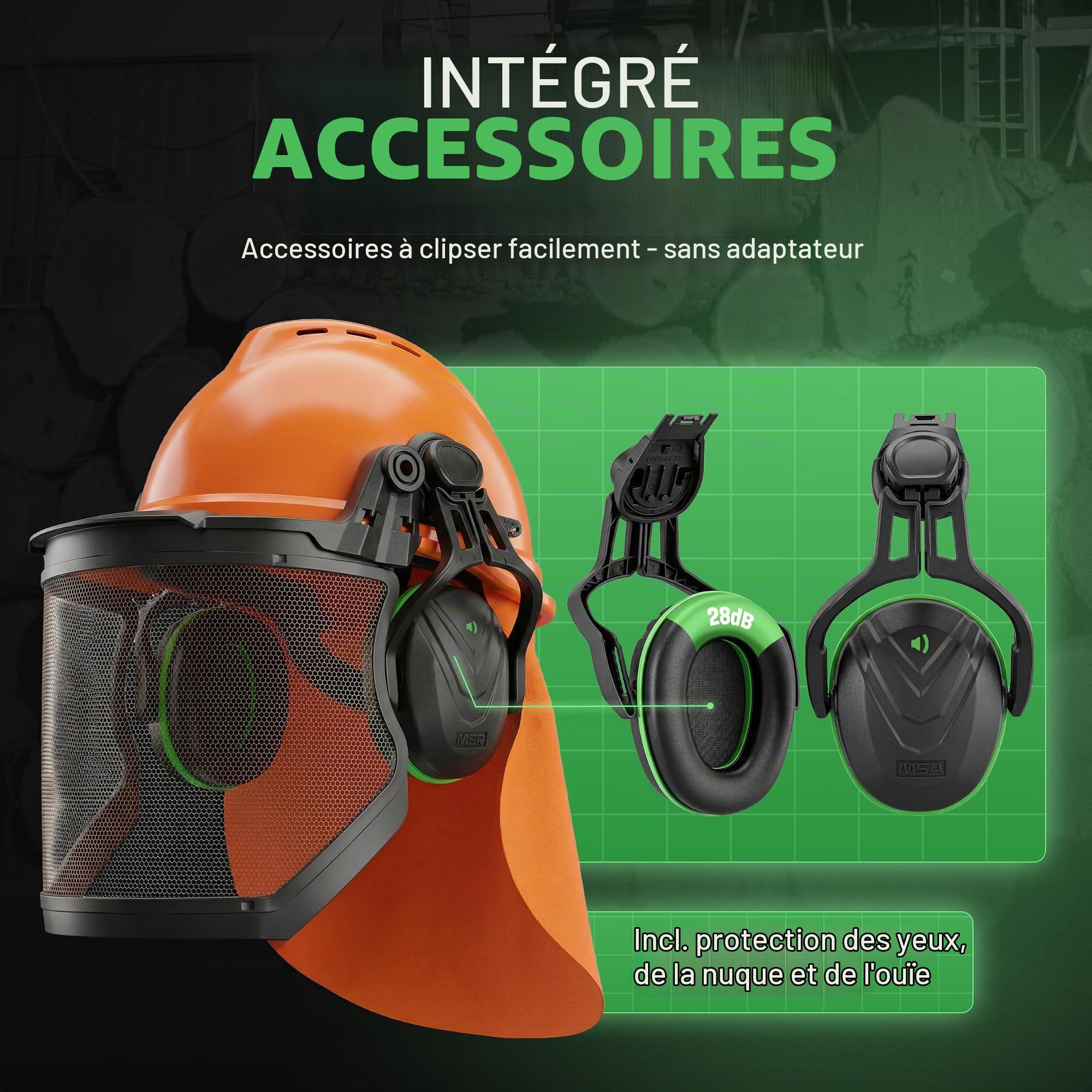 MSA V-Gard 500 Ensemble pour travailleur forestier - Casque de protection avec ventilation, visière, protection auditive et protection du cou - Casque pour le travail en forêt