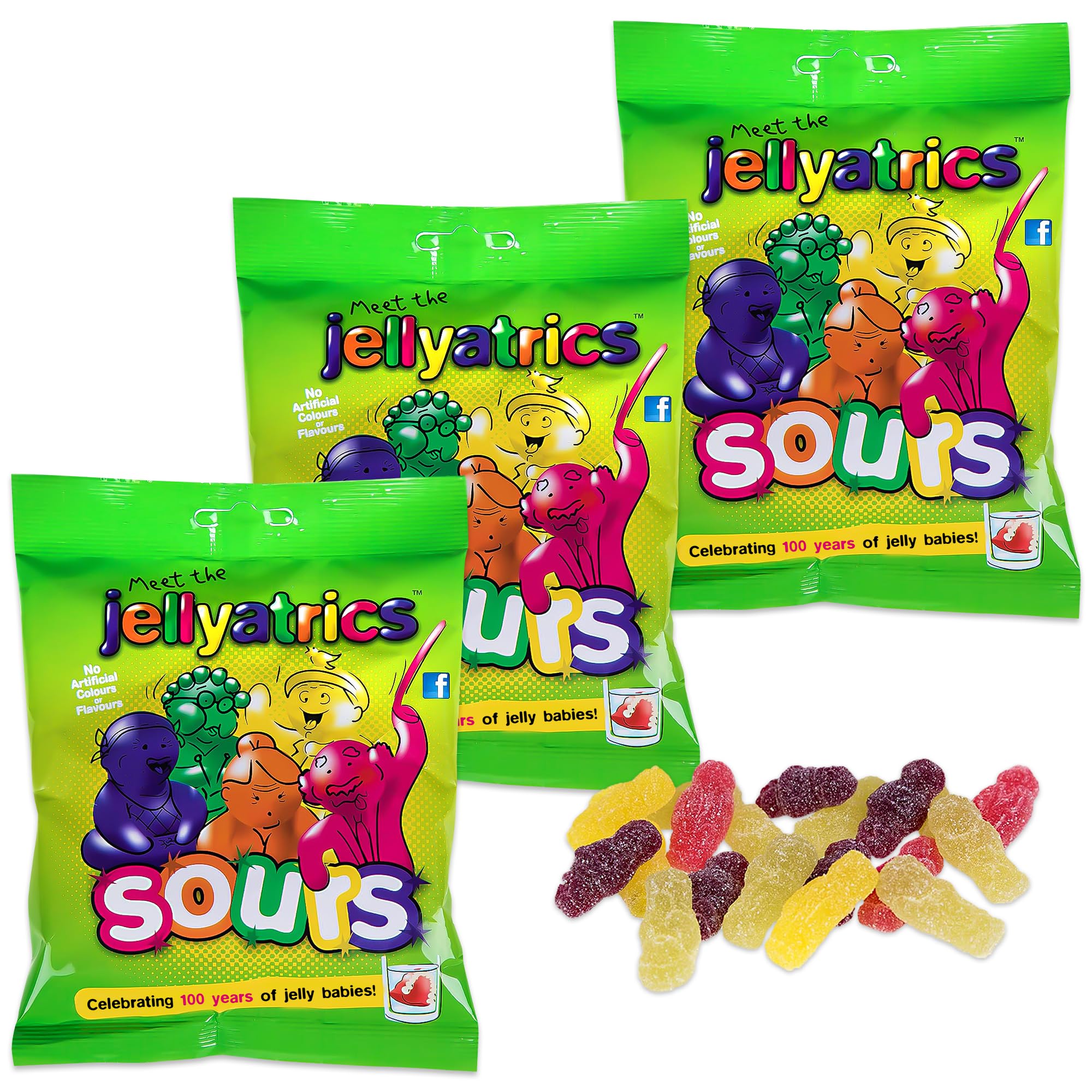 Jellyatrics Jelly Babies Sour - 150g Bag Pack of 3 - Meet the Jellyatrics and Experience the Fruity Novelty Sweets, Gummy Sweets, and Chewy Sweet - Exciting Sweet for any Occasions