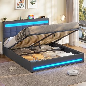 AOGLLATI 5ft King Ottoman Bed Frame 150 200 cm with Charging Station and LED Lights, Upholstered Platform Bed frame with Under-bed Storage and Storage Headboard, No Box Spring Needed, Dark Gray Linen