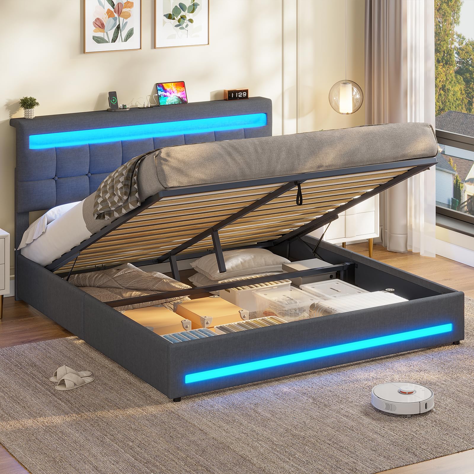 AOGLLATI 5ft King Ottoman Bed Frame 150×200 cm with Charging Station and LED Lights, Upholstered Platform Bed frame with Under-bed Storage and Storage Headboard, No Box Spring Needed, Dark Gray Linen — image 1