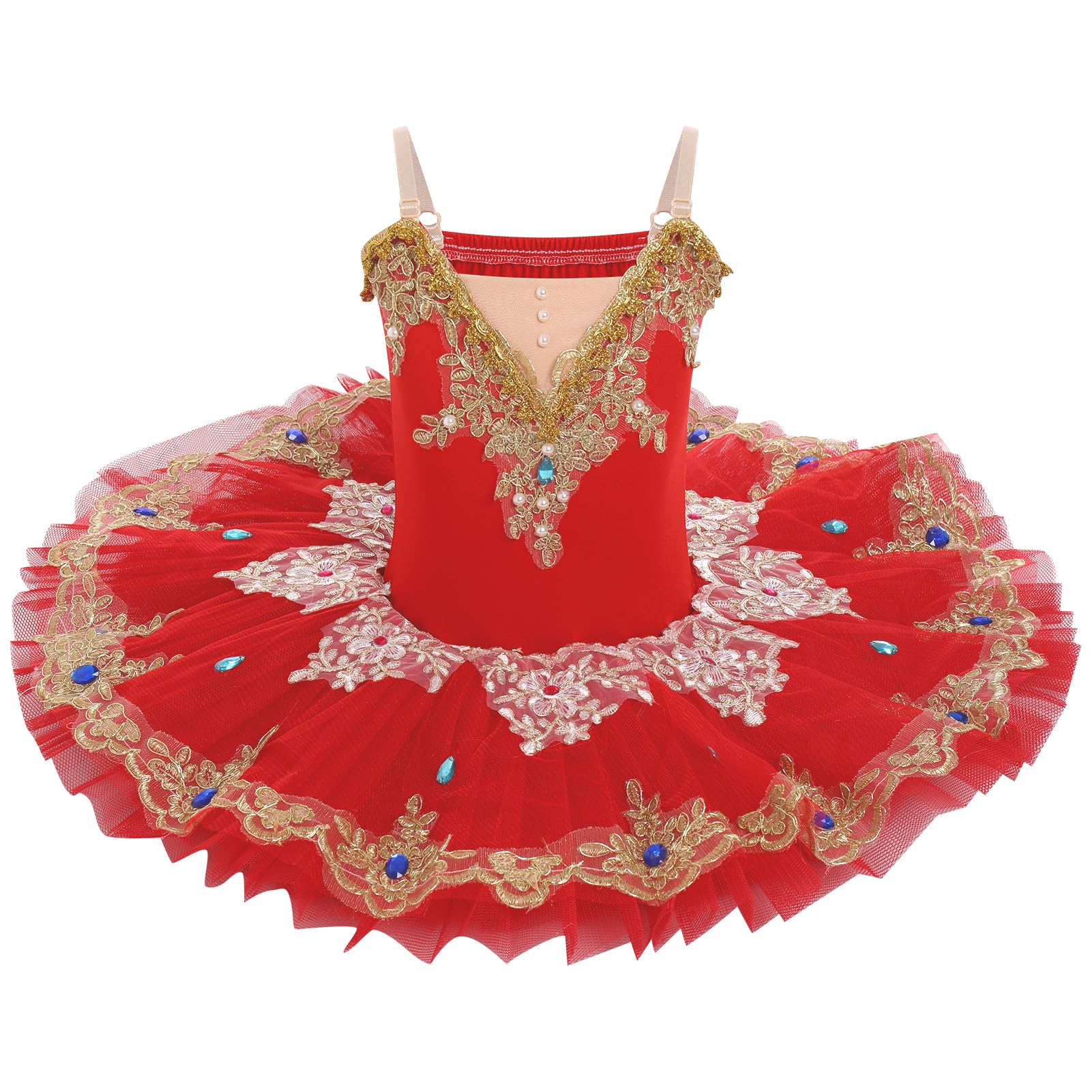 IDOPIP Enfant Fille Costumes de Ballet Danse Tutu Robe Perles Strass Fleurs Broderie Dentelle Cygne Col en V Fines Bretelles