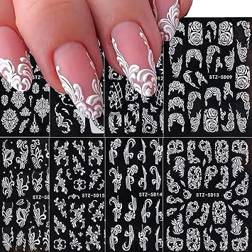 Flower Nail Art Stickers Decals, 8 Sheets 5D Engraved Flower Nail Decals White Wedding Nail Art Accessories French Tips Nail Designs Self Adhesive Lace Flower Carving Nail Stickers for Women Girls