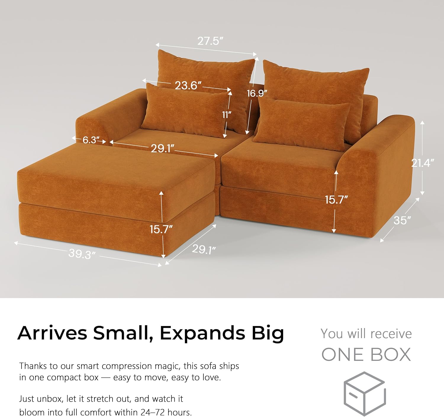 Modular L-Shape Sleeper Sofa Customizable Sectional Loveseat with Ottoman Clay Ember
