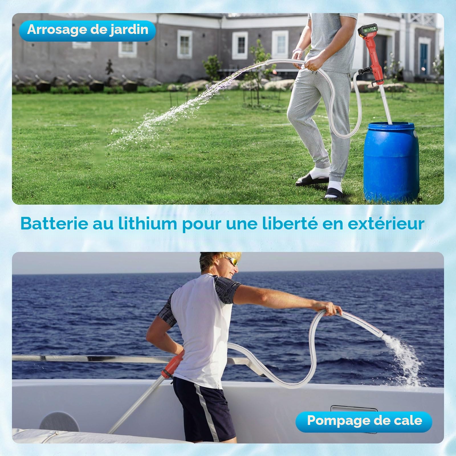 Pompe à eau rechargeable, pompe à tige sans fil avec 2 x 4,5 Ah de batterie, 11000 tr/min, débit de 2725 L/h, pompe submersible portable avec indicateur de batterie et chargeur pour jardin, piscine et