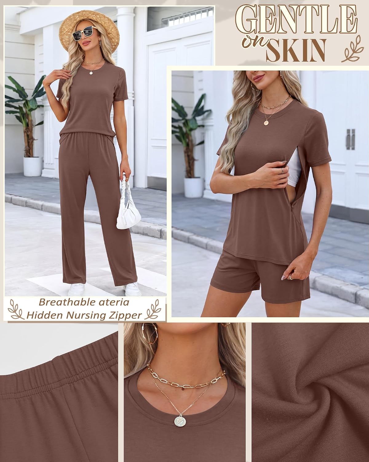 3 Piece Maternity Nursing Pajamas Set Postpartum Breastfeeding Zipper Short Sleeves Shirts Pregnancy Shorts & Pants