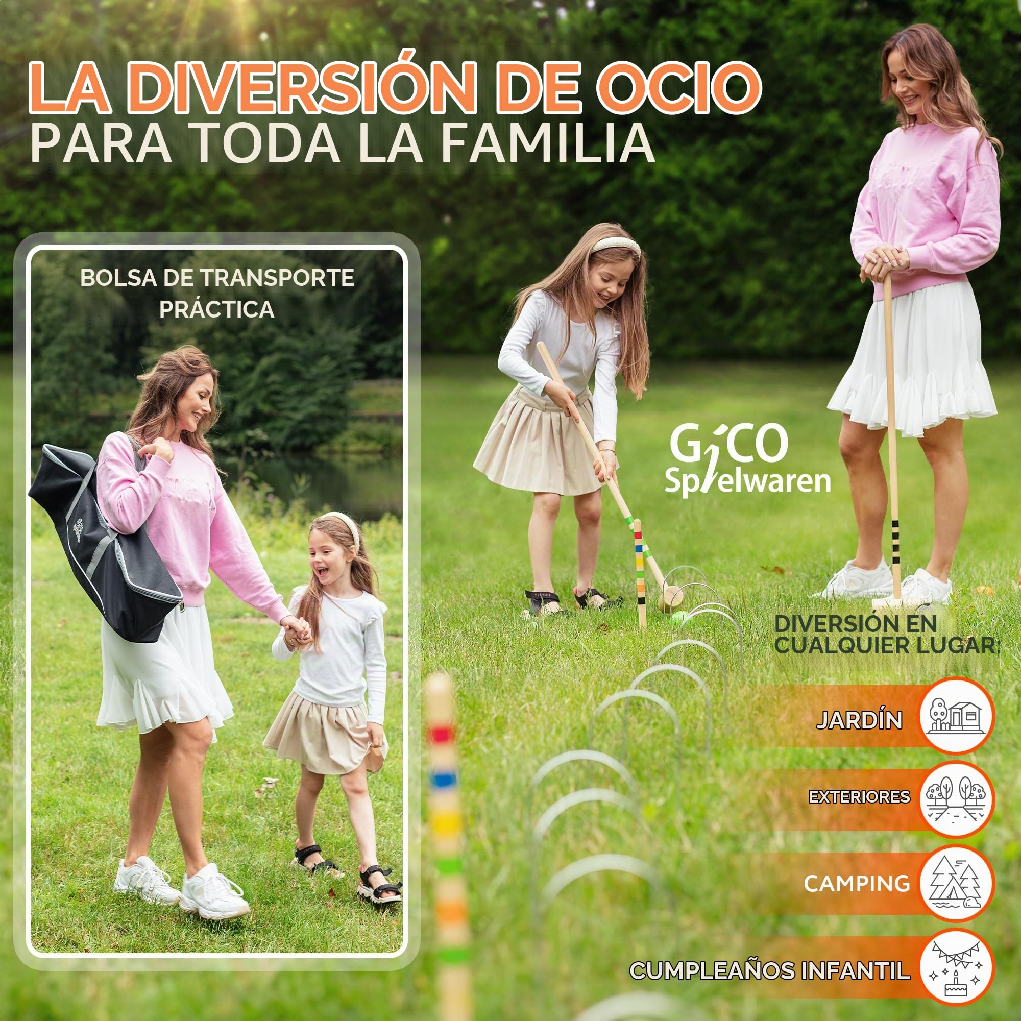 GICO Juego de Croquet Divertido Juego para el Aire Libre o el jardín para niños y Adultos, con componentes de Calidad Fabricados en Madera Maciza. 3224