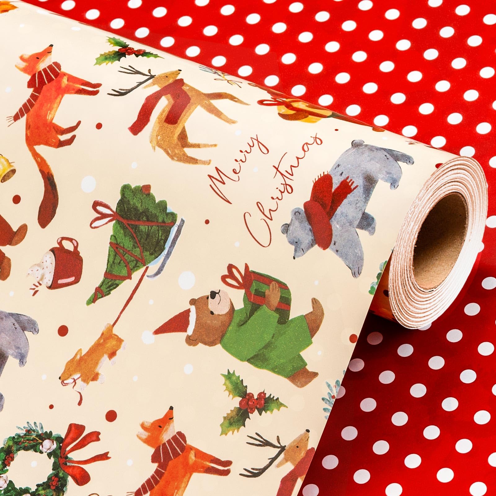 Wikadlik Reindeer Christmas Wrapping Paper - 43cm x 10m Mini Roll Cute Bear Fox Carrying Gift Box Pattern Gift Wrap Paper for Holiday Festive Celebration DIY Craft โ image 1