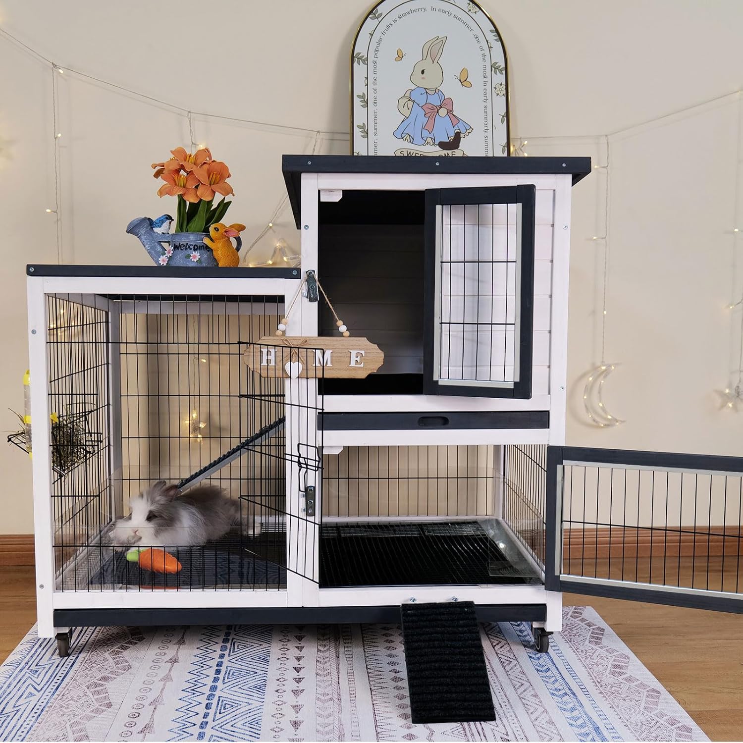 Rabbit Hutch Indoor Bunny Cage Outdoor with Urine Guards 2 Storey Mobile Guinea Pig Cage Weatherproof Asphalt Roof Wire Bottom 2 Trays