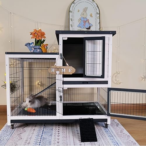 Rabbit Hutch Indoor Bunny Cage Outdoor with Urine Guards 2 Storey Mobile Guinea Pig Cage Weatherproof Asphalt Roof Wire Bottom 2 Trays