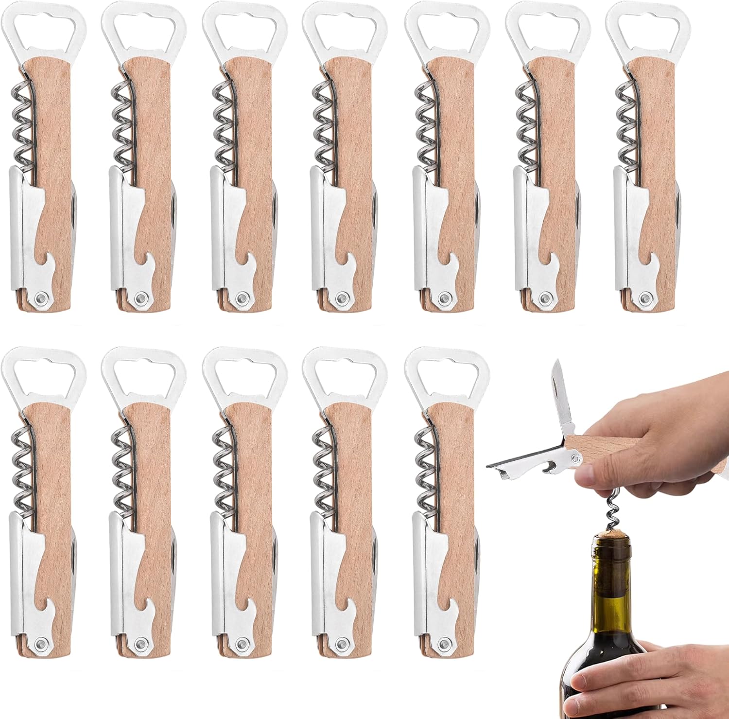 12Pcs Wooden Wine Bottle Opener Groomsmen Gifts for Wedding Day 4 in 1 Corkscrews for Wine Bottles Multi Tool Wood Can Opener Groomsman Gift for Wedding Proposal Bachelor Party Favors
