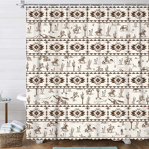 Miniatura 18 de DYNH Cortina de ducha vaquera del oeste, juego de cortina de ducha de estilo retro americano del país del salvaje oeste con vaquero montando