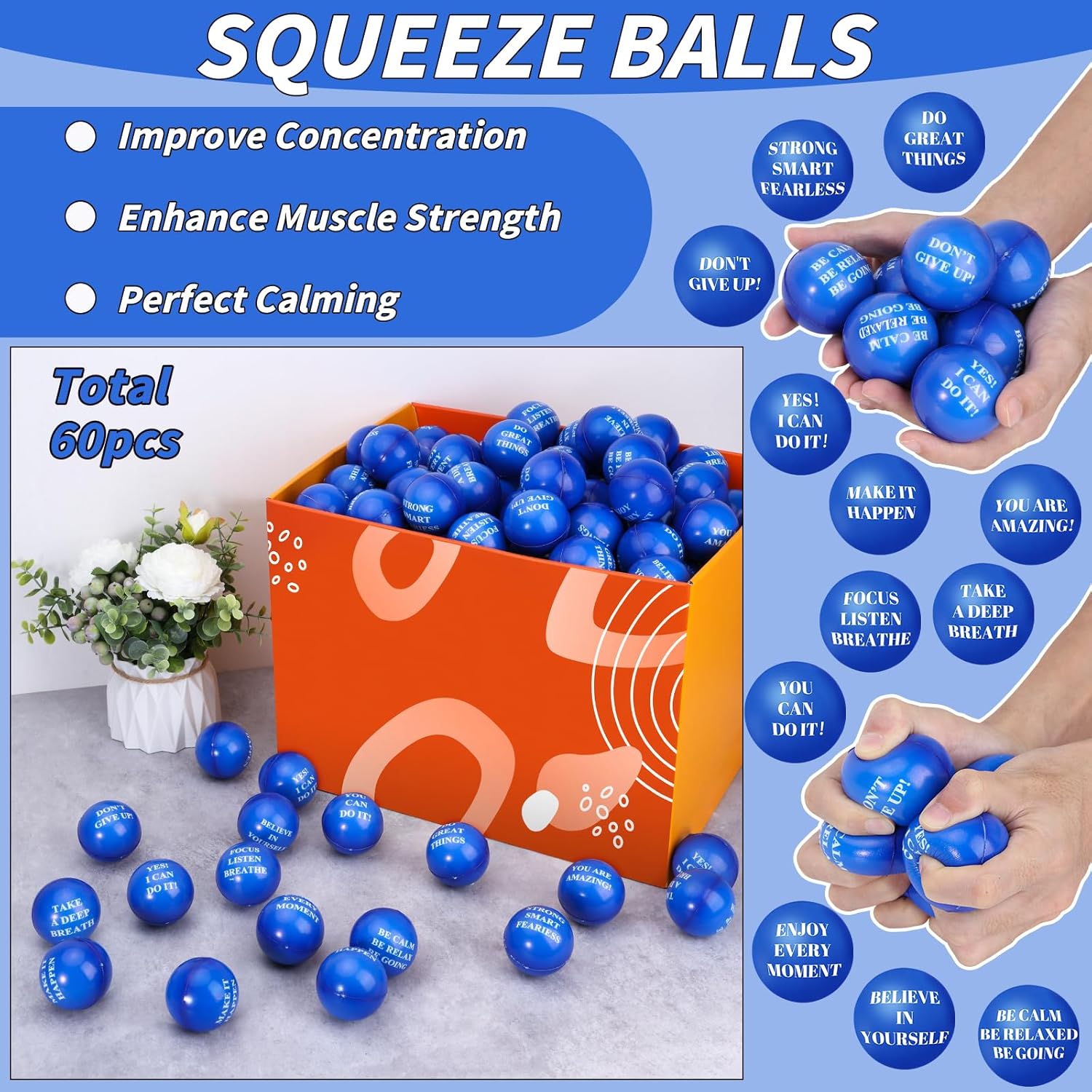 96 Pieces Motivational Stress Balls 2 Inch Inspirational Stress Relief Ball Bulk Hand Exercise Balls Encouraging Blue Foam Balls Anxiety Small Balls with Quotes for Kids Adults Teens, 12 Styles