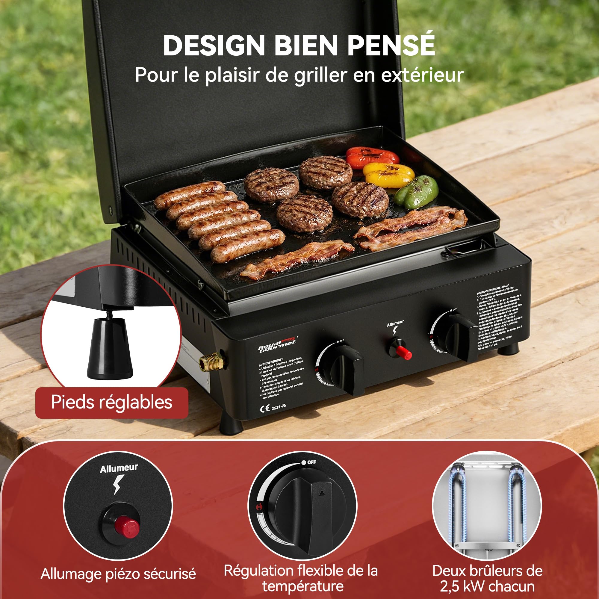 Royal Gourmet Plancha à Gaz Portable avec 2 Brûleurs de 2,5 KW, Plancha Gaz Exterieur avec Plaque de Cuisson Émaillée, Barbecue Gaz avec Pieds Réglables pour Jardin et Camping