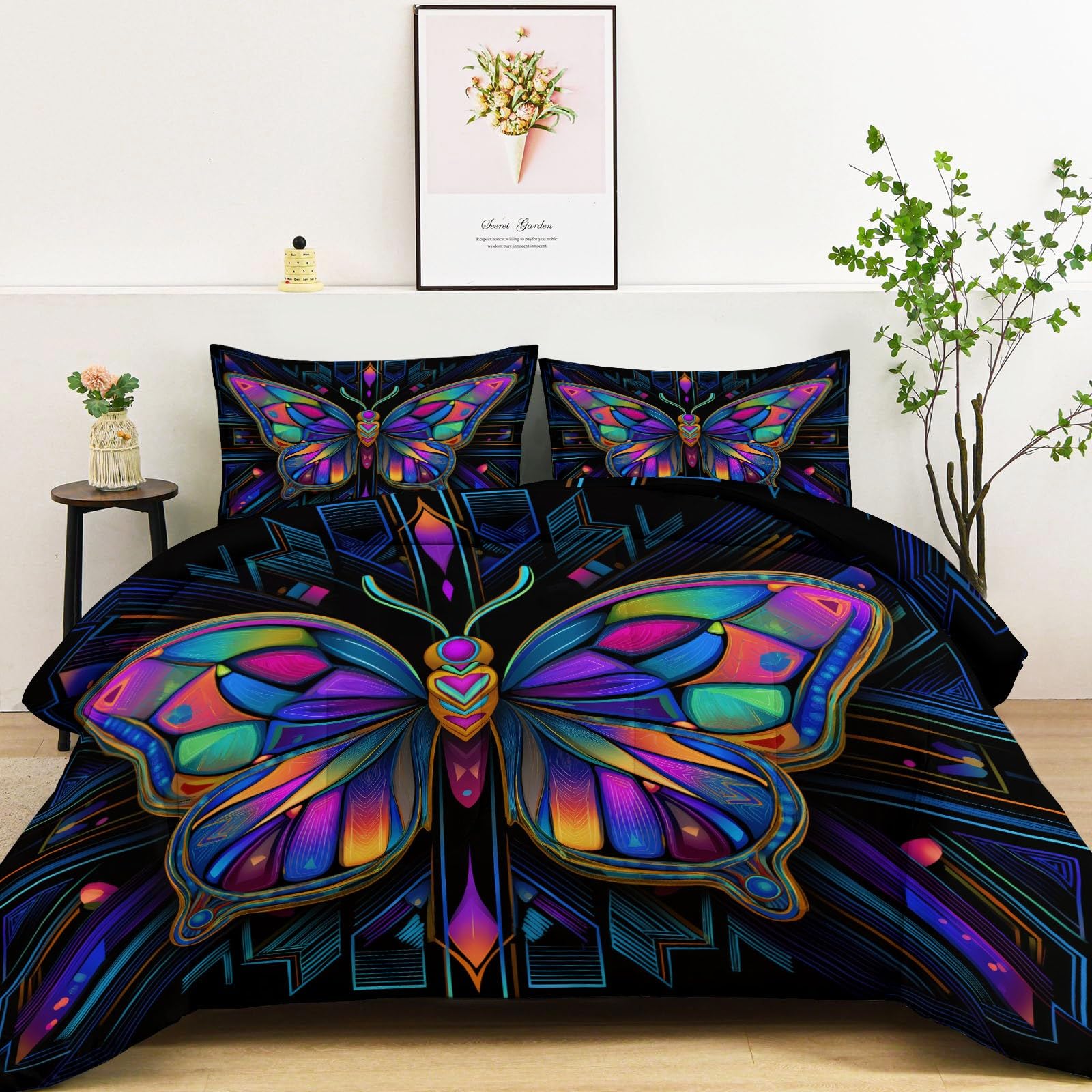 King Comforter Set 3 Pcs Surrealism Symmetrical Design Butterfly Soft All Seasons Quilted Comforter Set, Black Warm Comforters Set 104" x 90" with 2 Pillowcases for Kids Girls Boys