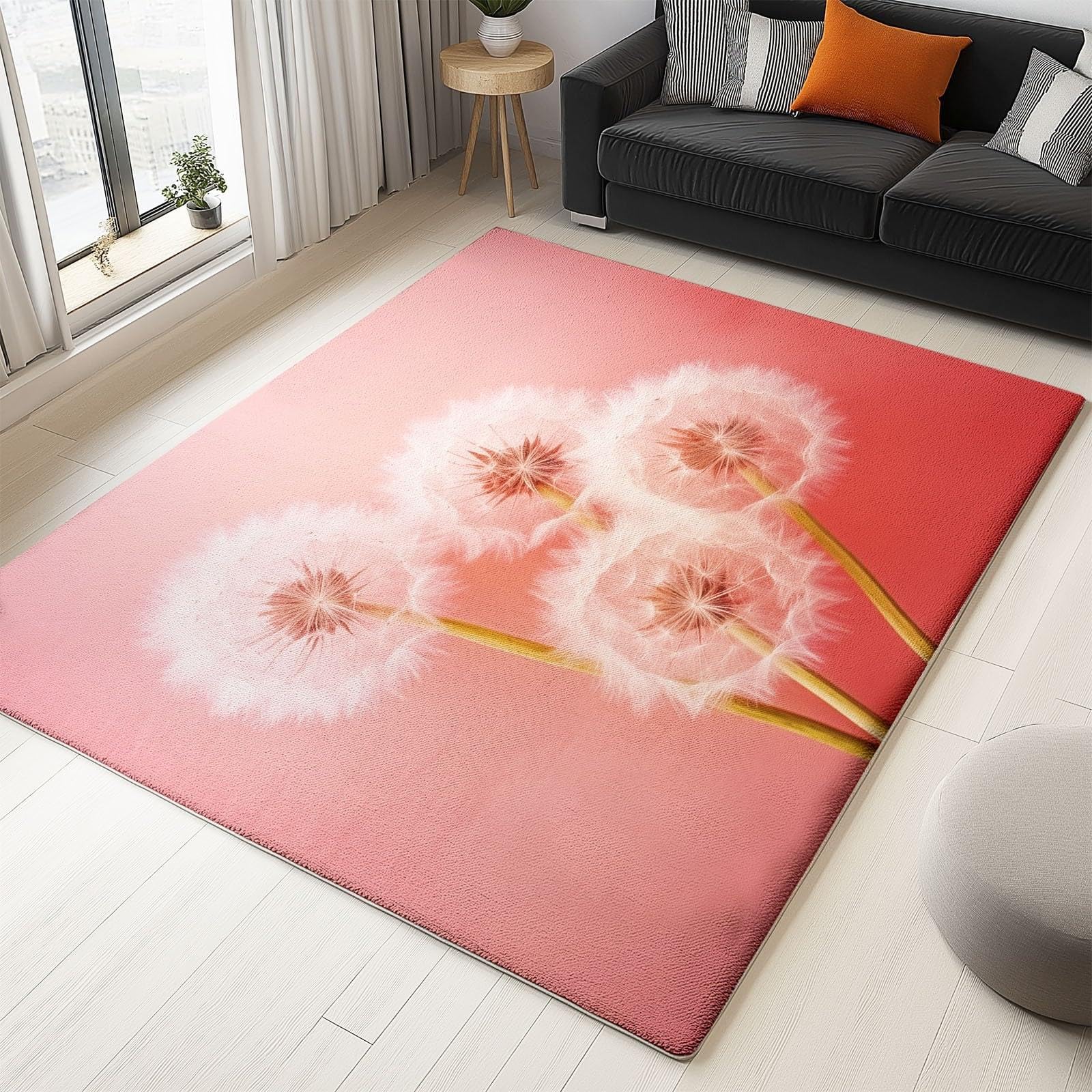 Tapis poil court moderne lavable et antidérapant motif fleurs de pissenlit
