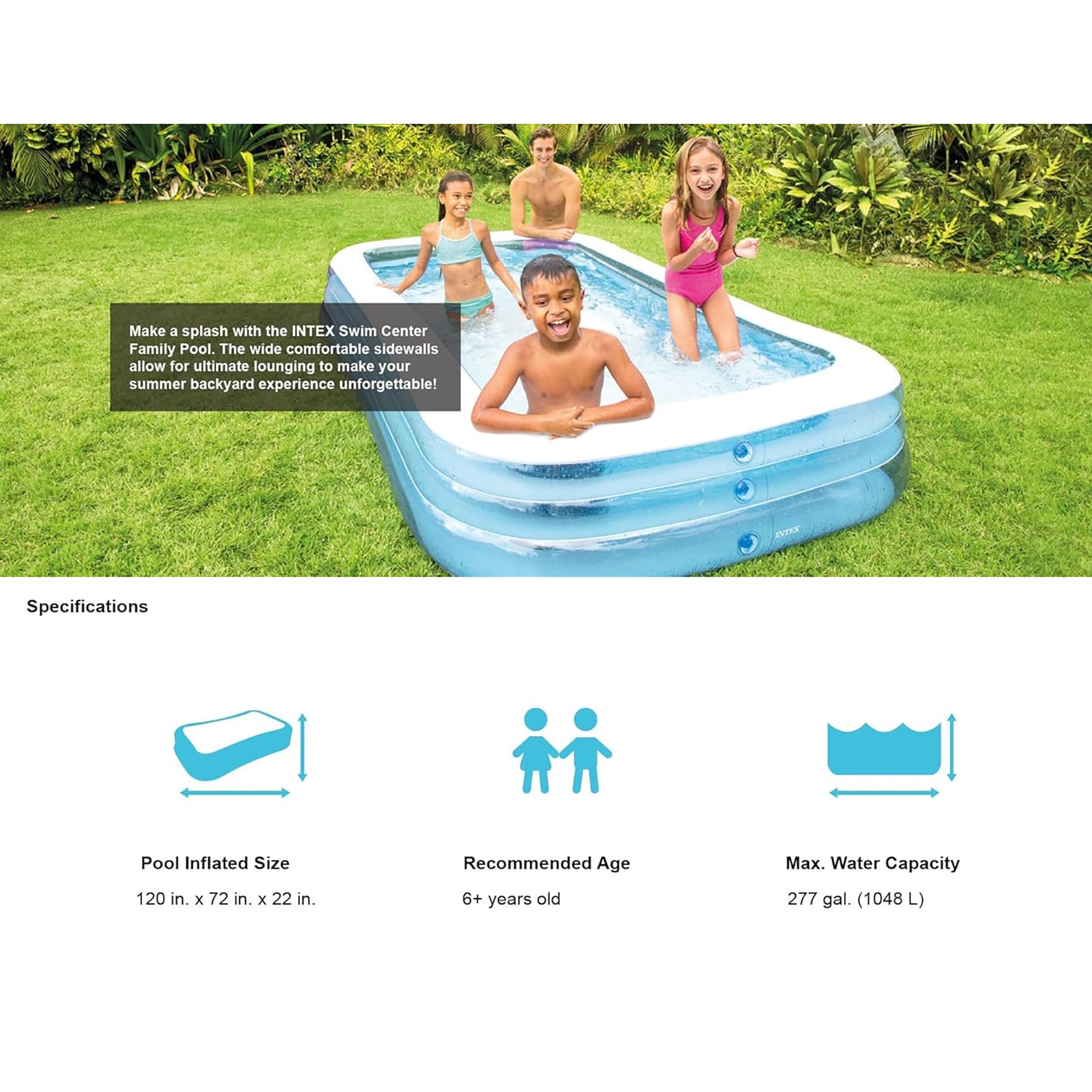 Intex: Swim Center – Piscine familiale – 300 x 183 x 55 cm – Bleu – Piscine Gonflable, Splash & Wade, Jeu d'eau dans l'arrière-Cour, Vinyle, Larges parois latérales, 800 l, Enfants de 6 Ans et Plus