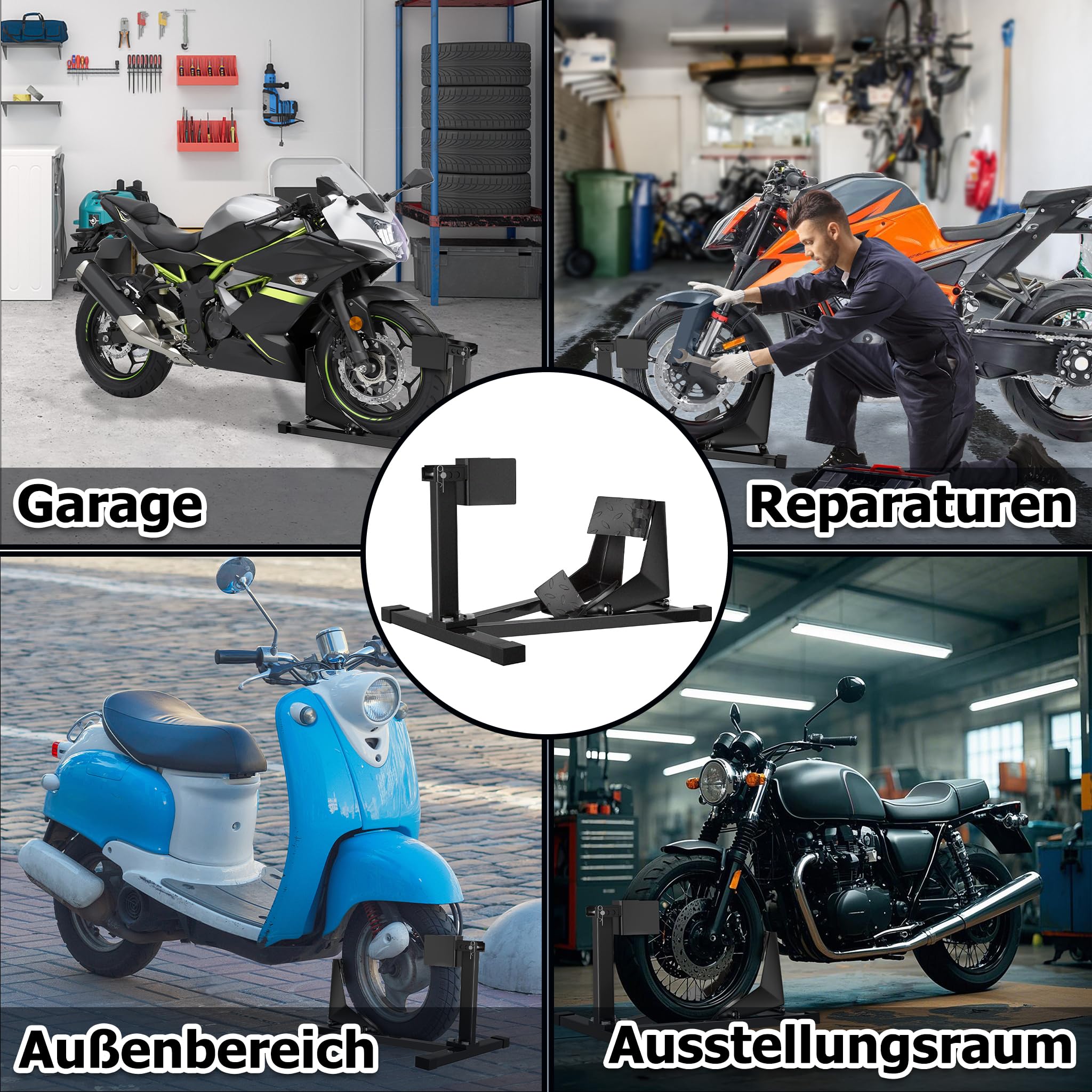 YRHome Stojak na motocykl, trójkątne przednie koło, stojak montażowy z antypoślizgowymi nóżkami, huśtawka motocyklowa, trzystopniowa regulacja, czarny lakier, do opon 13-17", 90-130 mm, idealny do