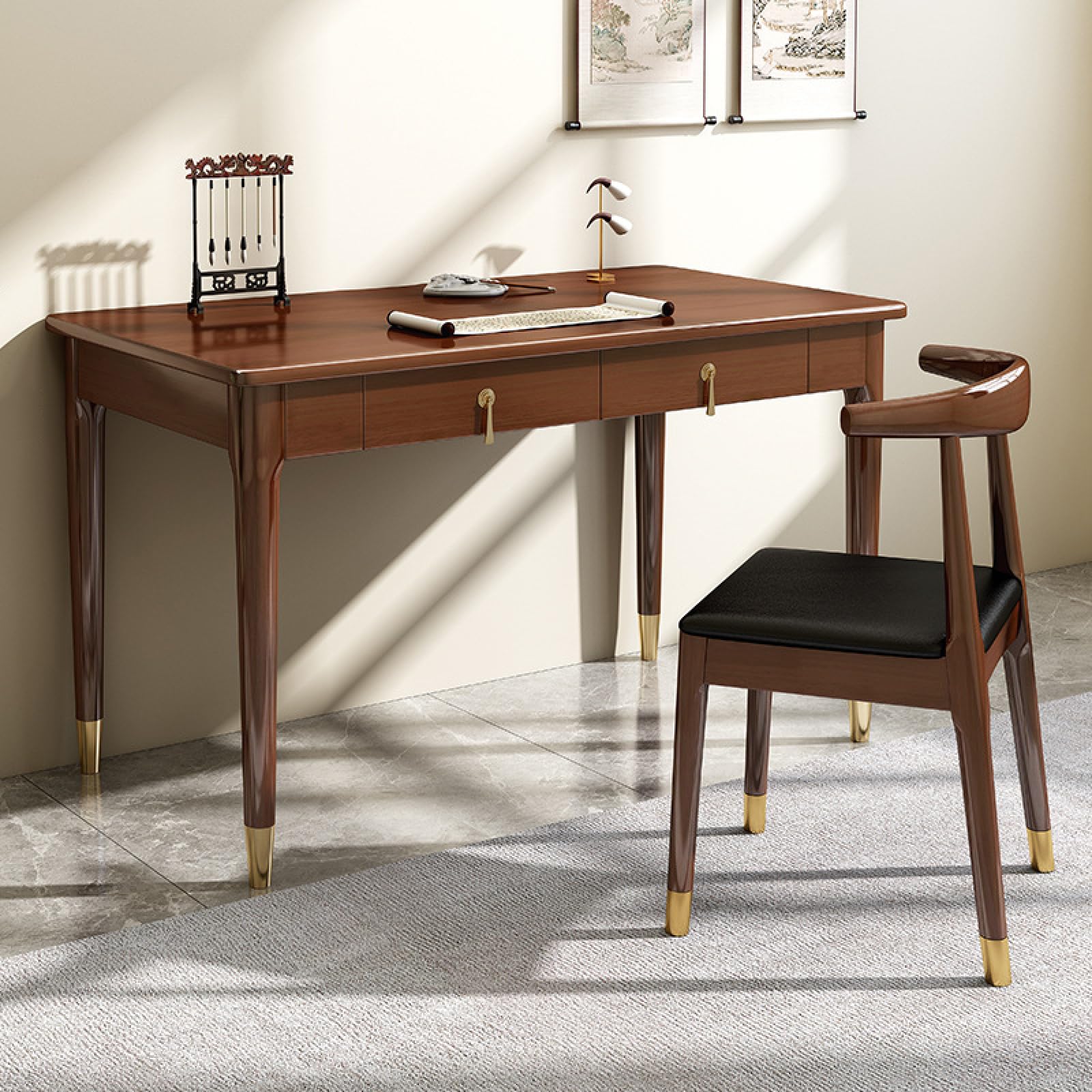Bureau d'ordinateur en bois massif de noyer 39" avec 2 tiroirs chic