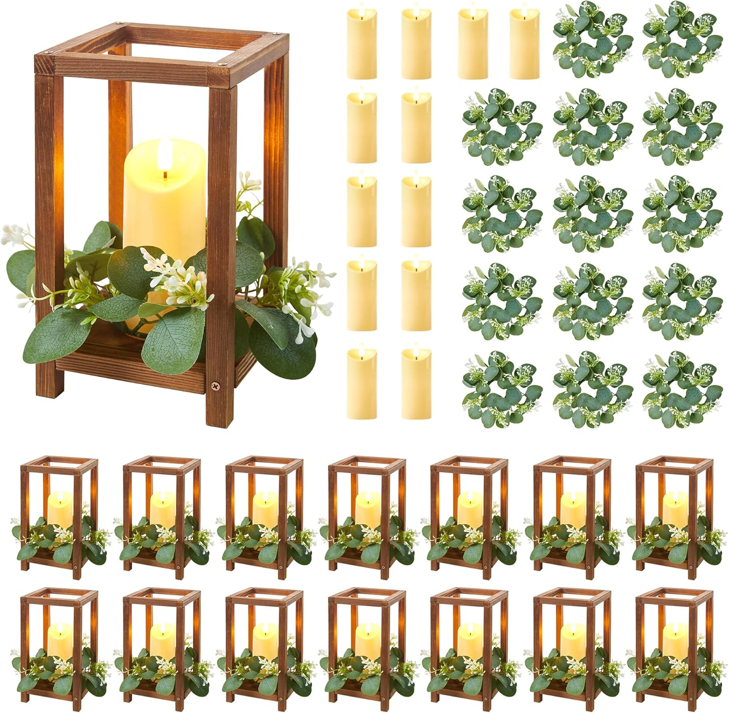 60 Pcs/20 Set Wooden Wedding Lantern Centerpiece,Wooden Centerpieces for Tables-with 20 Holders 20 Candles 20 Wreaths for Rustic Table Decoration Country Barn Wedding Party (Brown)
