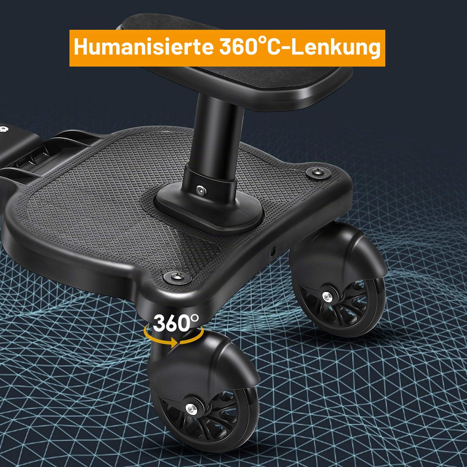 Buggy Board mit Sitz, FNRIDS Trittbrett für Kinderwagen Universal, mit Aufhängegurt, Stabiles Two Wheel Design, 360 Drehbar, Kinderwagenzubehör für Kinder von 2 bis 6 Jahren (Bearing 25 kg)