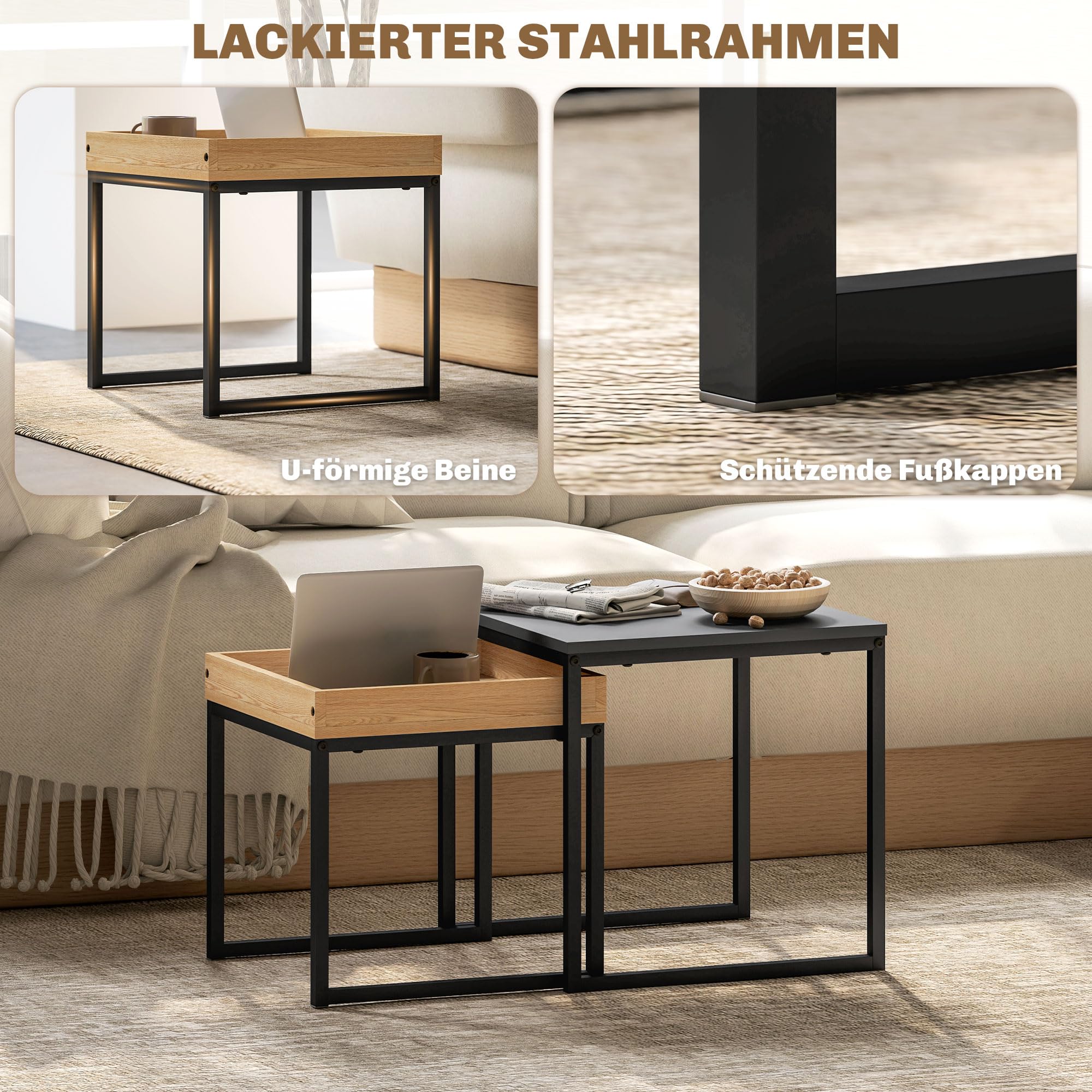 HOMCOM Couchtisch 2er Set Satztisch Quadratischer Beistelltisch mit Abnehmbarem Tablett, Stahlgestell Wohnzimmertisch Kaffeetisch Sofatisch für Wohnzimmer Schlafzimmer, Schwarz+Eiche