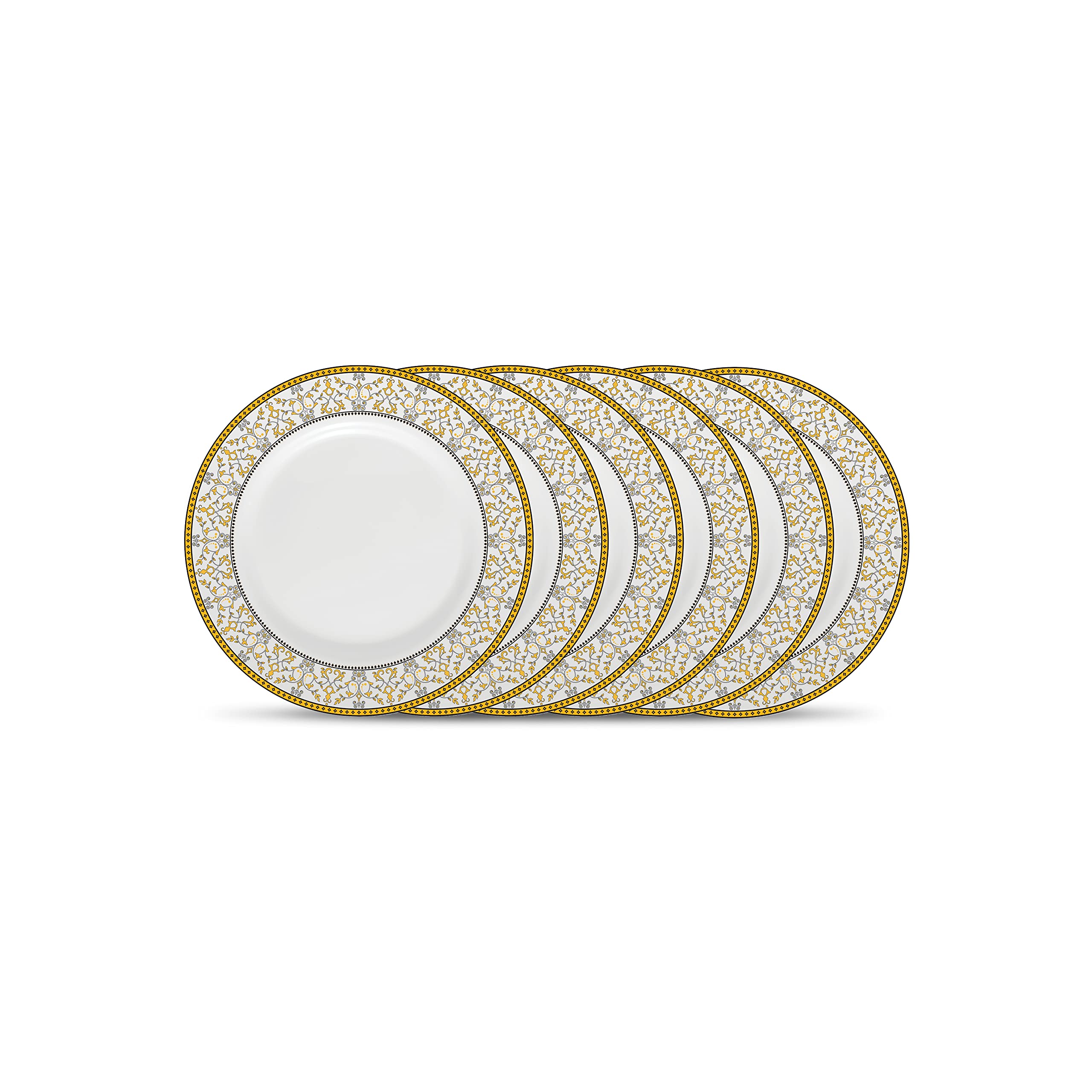 La Opala Diva Sovrana Collection Opal Glass Crockery | Quarter Plate Set of 6 Moroccan Gold | Side Plate for Snacking & Gifting | Microwave Safe | 100% Vegetarian | Extra Strong | Super Light & White