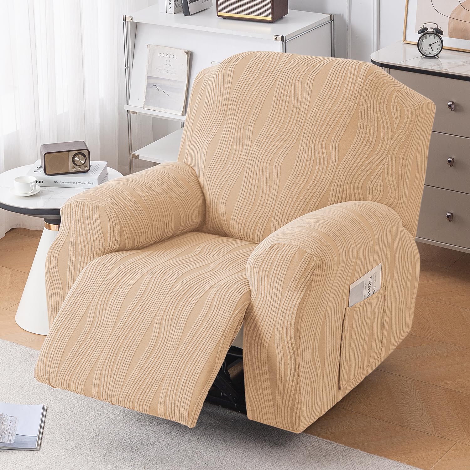 HOKIPO Premium Knitting Jacquard 200 GSM Fully Covered Recliner Sofa Cover for 1 Seater, 'Nestiva Series' Blush Beige (AR-6235-BGE)-image-11