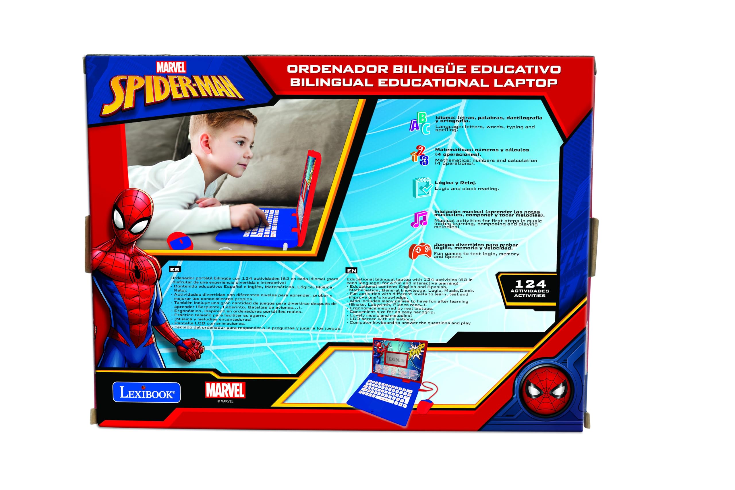 LEXIBOOK, Spider-Man, Portátil Educativo, JC598SPi2LXB | Español/Inglés, 124 actividades, juegos educativos y música