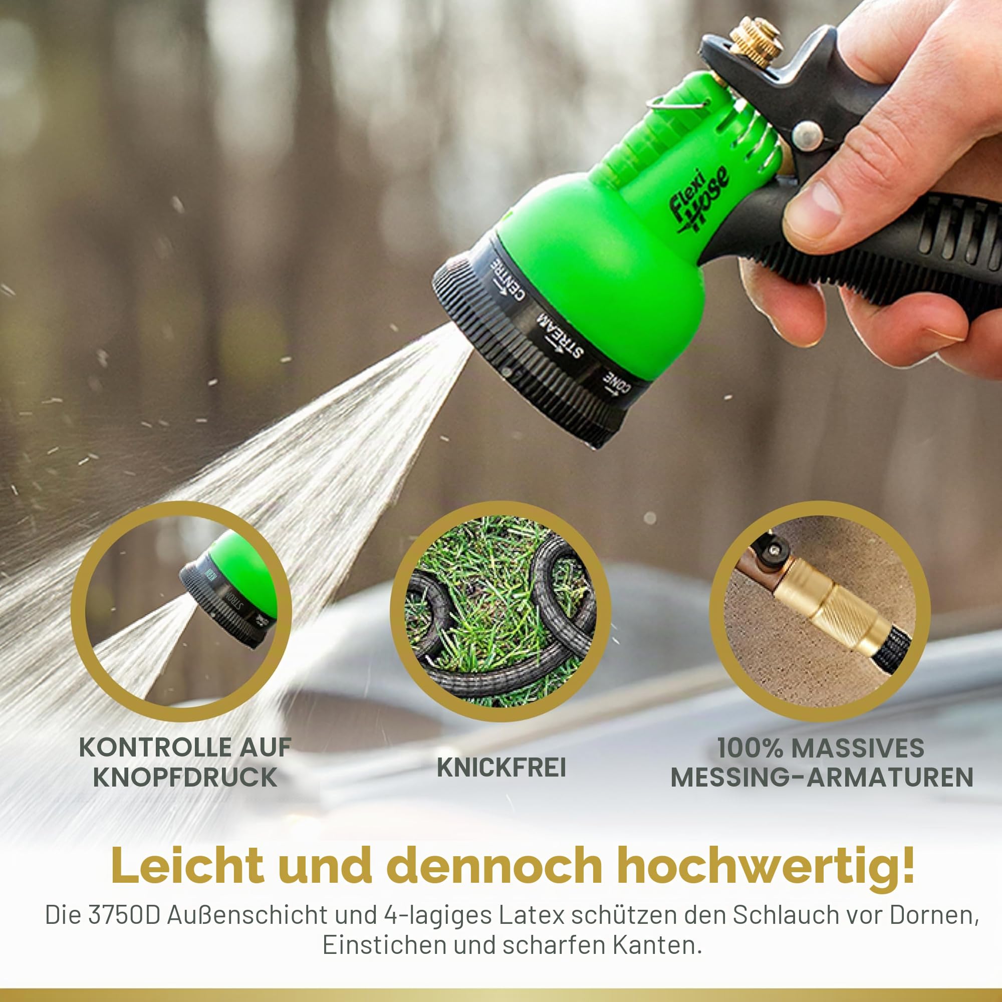 Flexi-Hose mit 8-Funktions-Düse, erweiterbarer Gartenschlauch, leichter und knickfreier flexibler Gartenschlauch, 3/4-Zoll-Armaturen aus massivem Messing und doppelter Latexkern, 50 Fuß, Schwarz